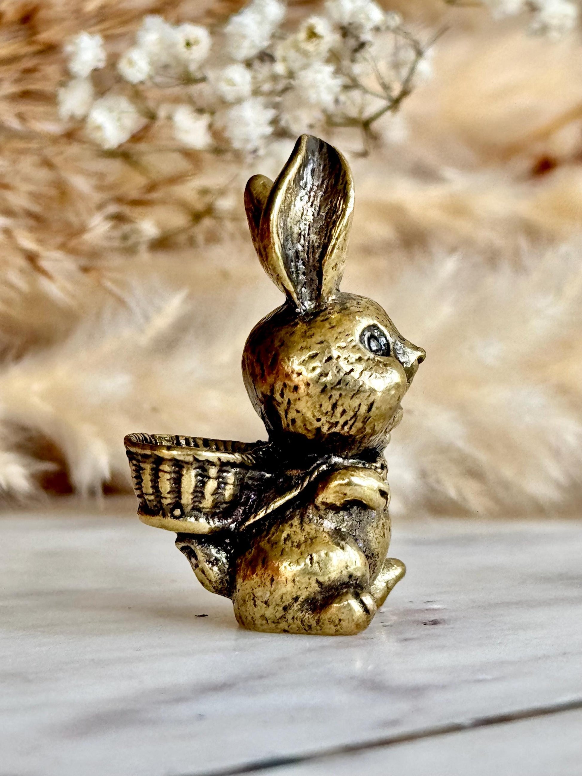 Solid Brass Happy Bunny Figurine, Lifelike Rabbit Sculpture, Cute Bunny Ornament, Collectible Rabbit with Basket, funny Animal Gift
