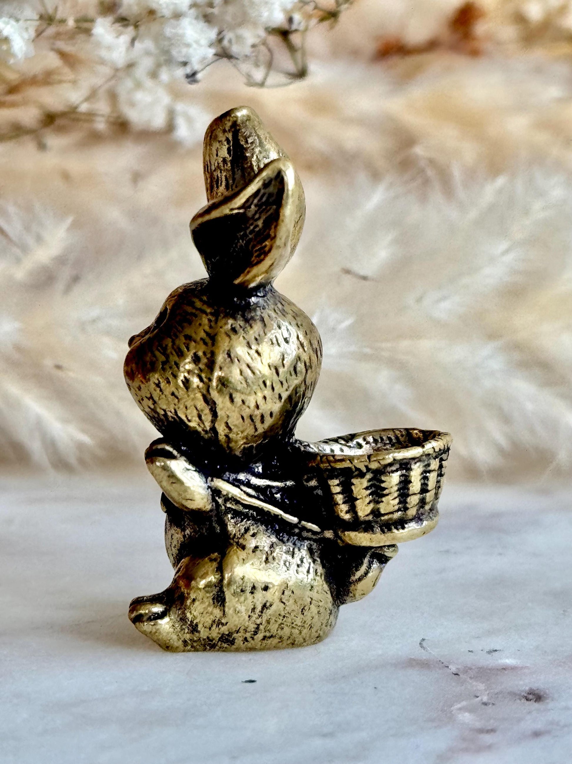 Solid Brass Happy Bunny Figurine, Lifelike Rabbit Sculpture, Cute Bunny Ornament, Collectible Rabbit with Basket, funny Animal Gift
