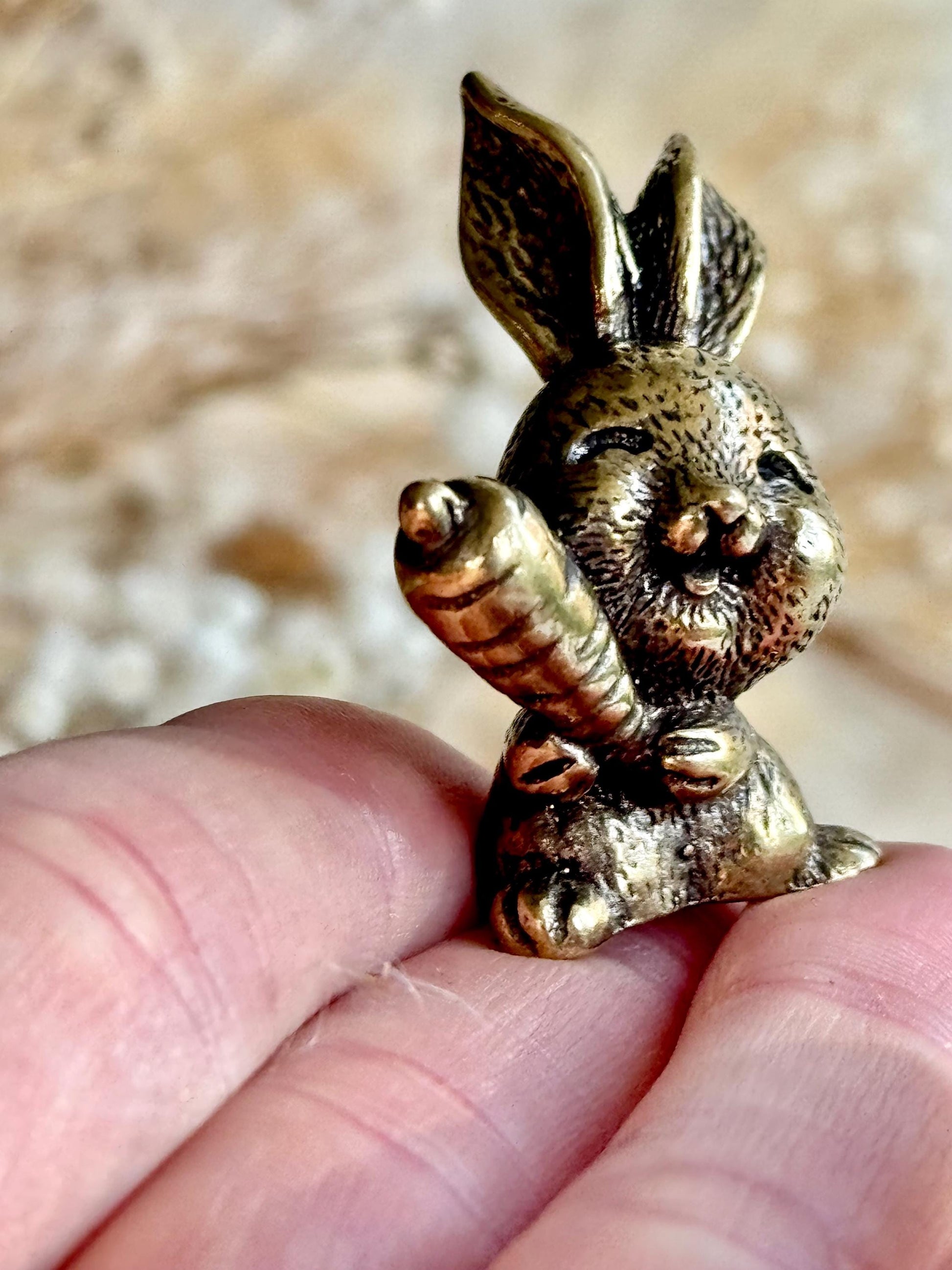 Solid Brass Happy Bunny Figurine, Lifelike Rabbit Sculpture, Cute Bunny Ornament, Collectible Rabbit with Basket, cute Animal Gift
