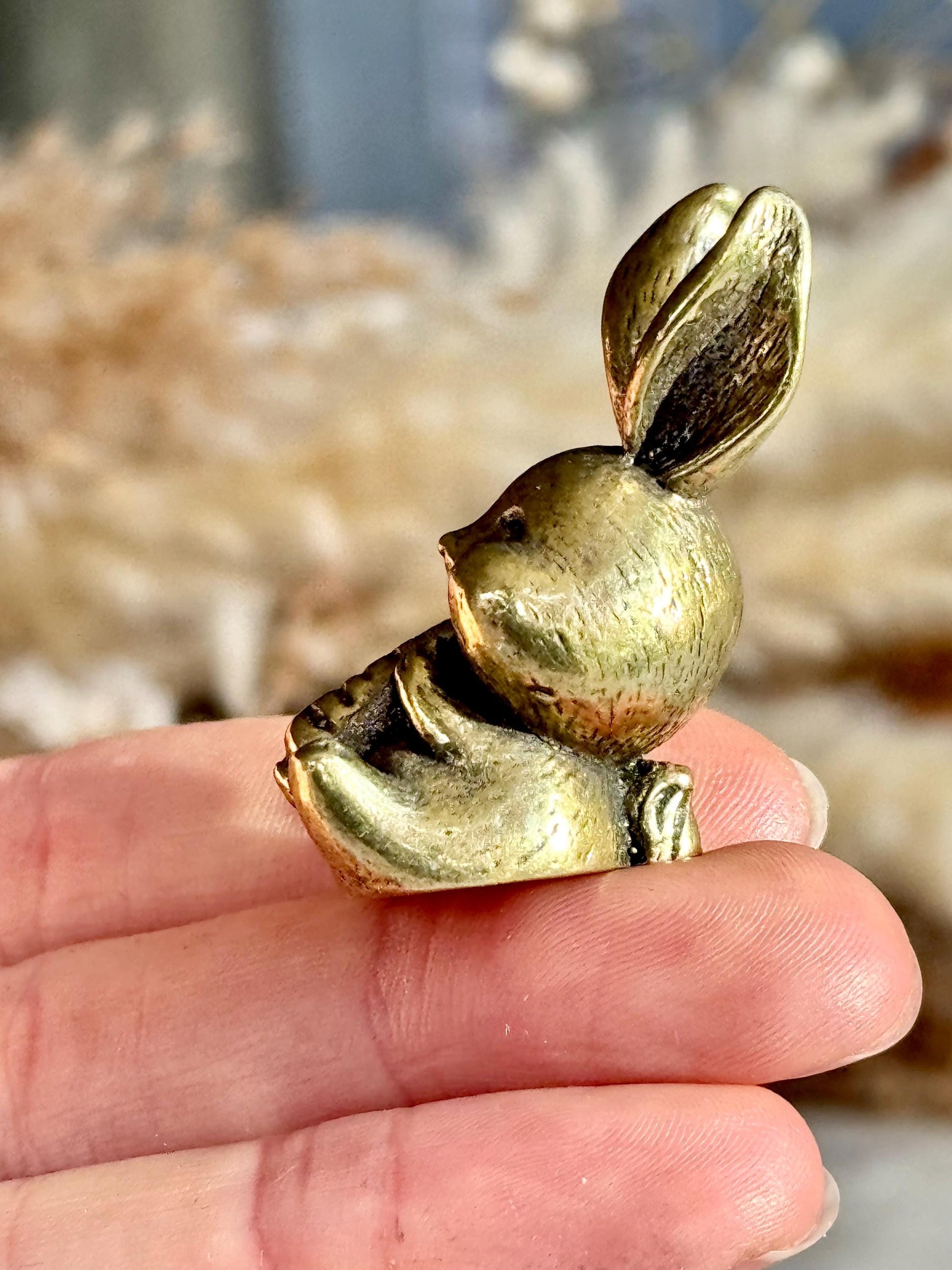 Solid Brass Happy Bunny Figurine, Lifelike Rabbit Sculpture, Cute Bunny Ornament, Collectible Rabbit with Basket, cute Animal Gift