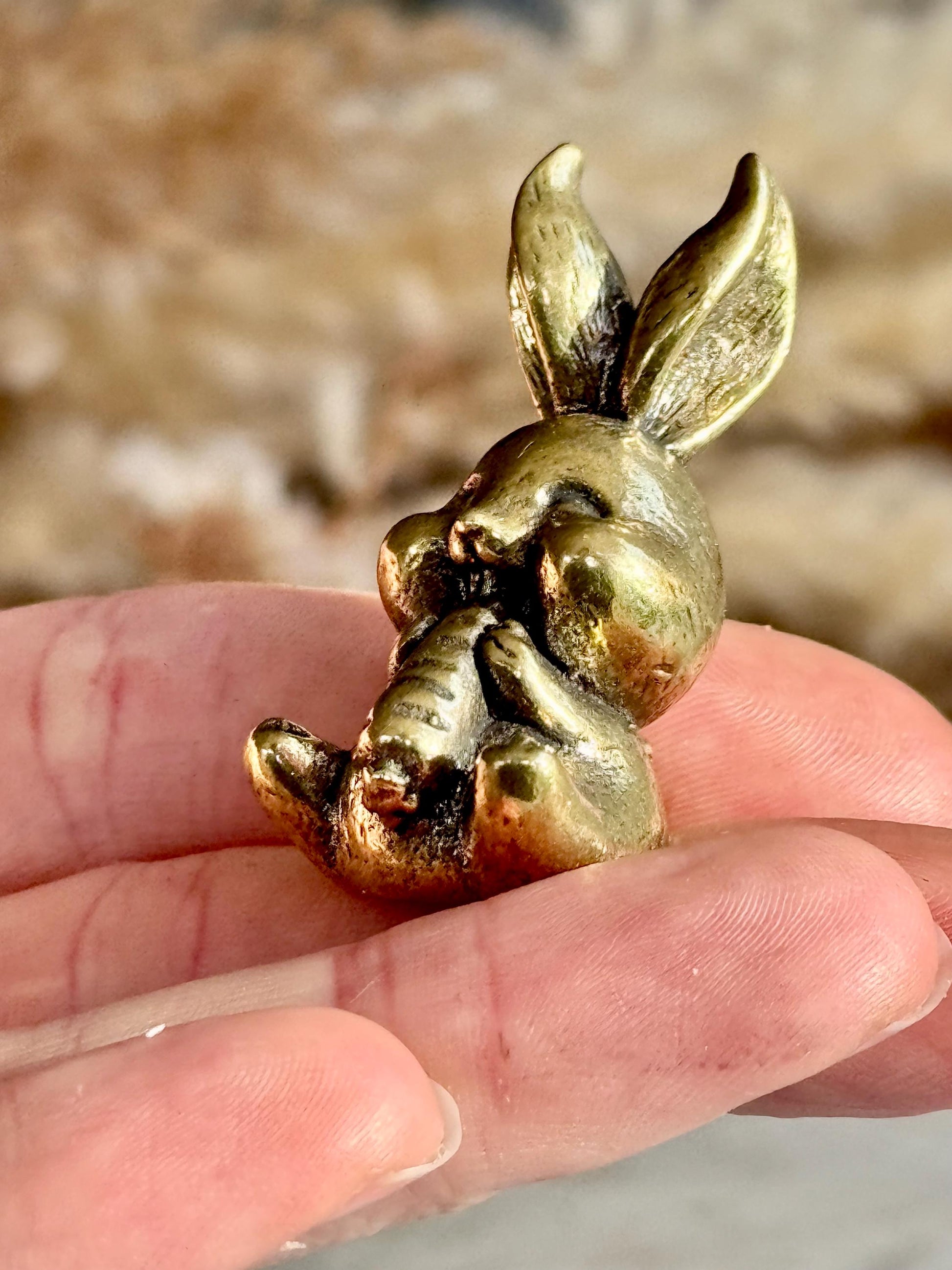 Solid Brass Happy Bunny Figurine, Lifelike Rabbit Sculpture, Cute Bunny Ornament, Collectible Rabbit with Basket, cute Animal Gift