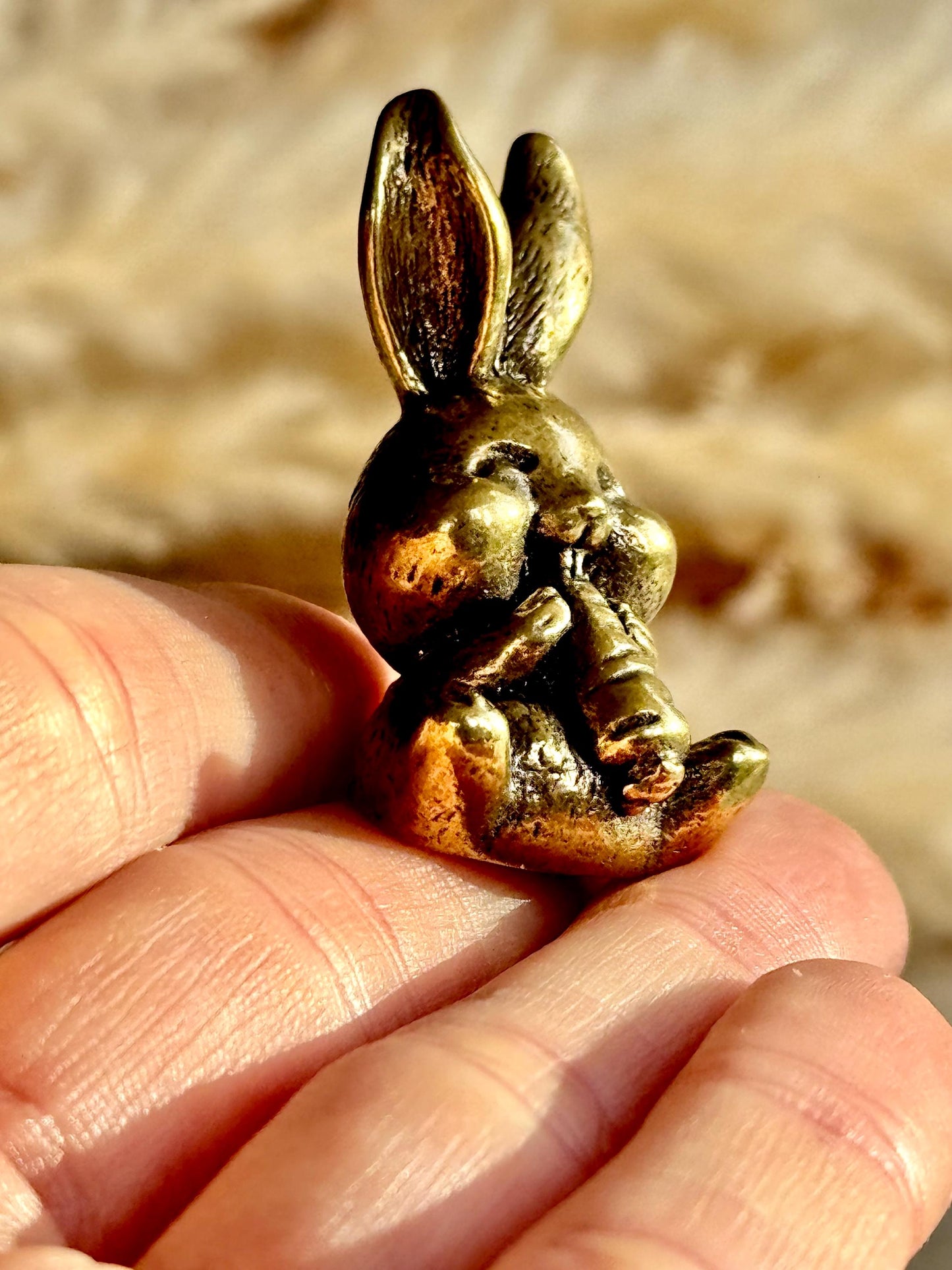 Solid Brass Happy Bunny Figurine, Lifelike Rabbit Sculpture, Cute Bunny Ornament, Collectible Rabbit with Basket, cute Animal Gift