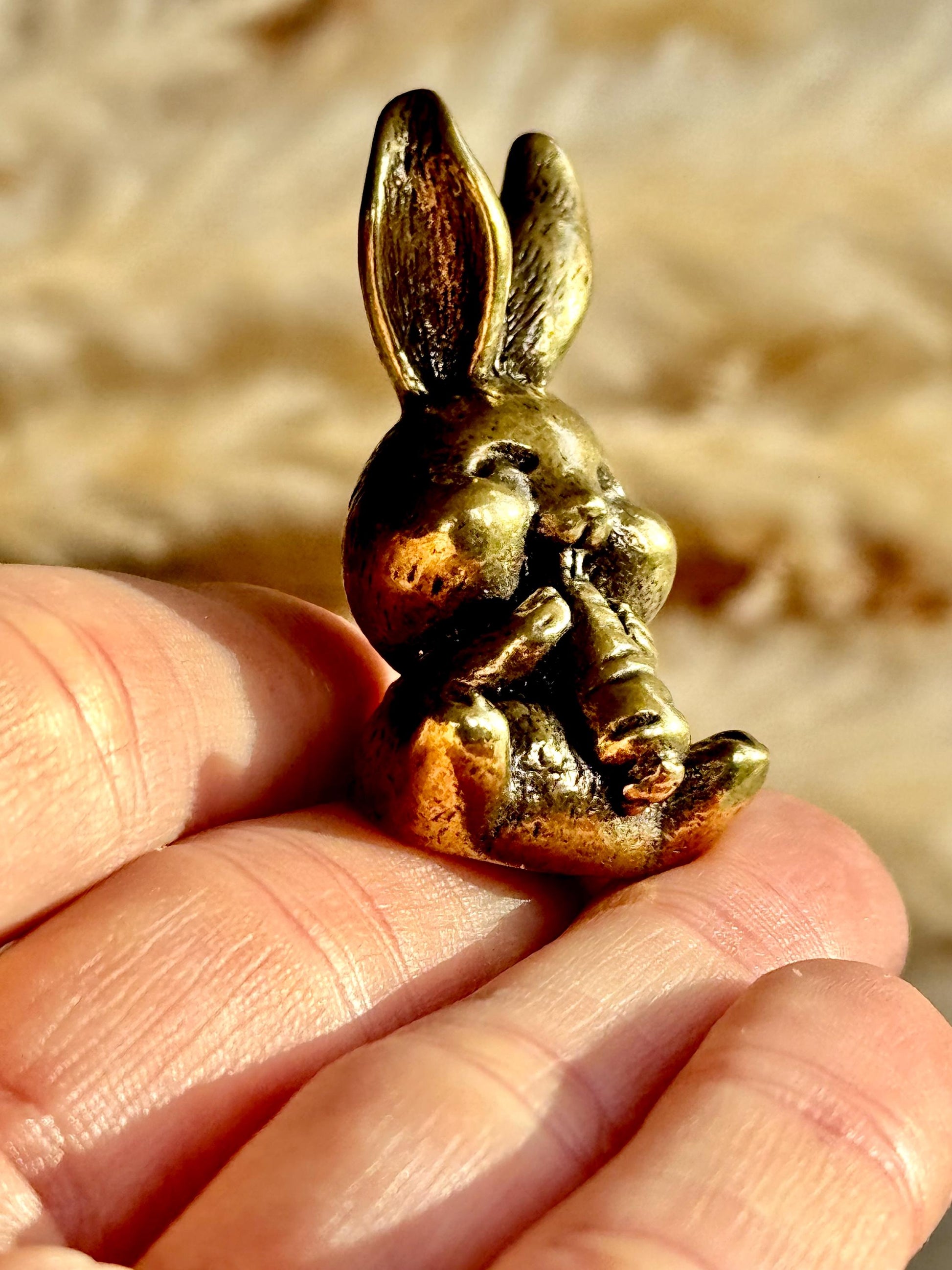 Solid Brass Happy Bunny Figurine, Lifelike Rabbit Sculpture, Cute Bunny Ornament, Collectible Rabbit with Basket, cute Animal Gift