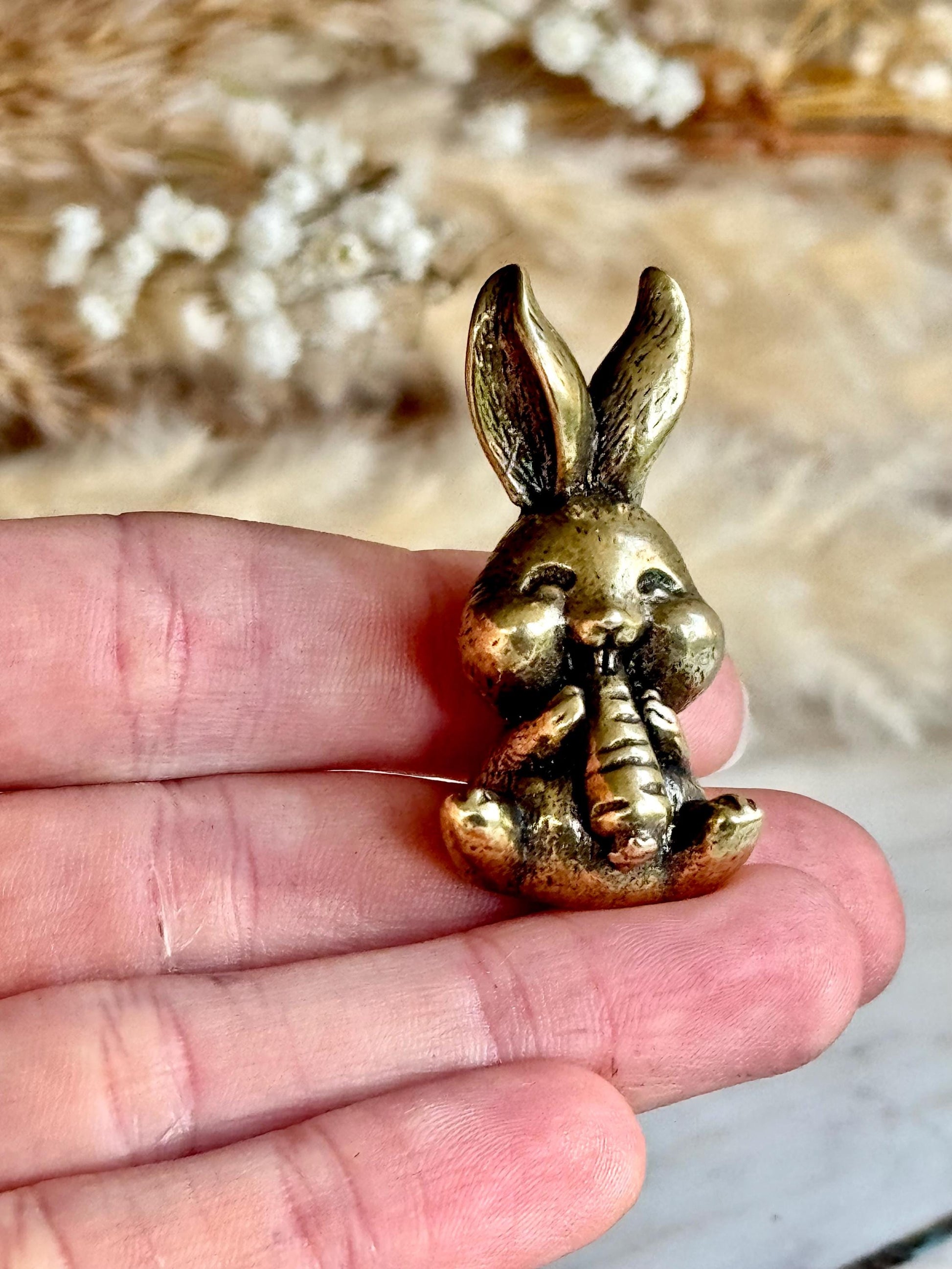 Solid Brass Happy Bunny Figurine, Lifelike Rabbit Sculpture, Cute Bunny Ornament, Collectible Rabbit with Basket, cute Animal Gift