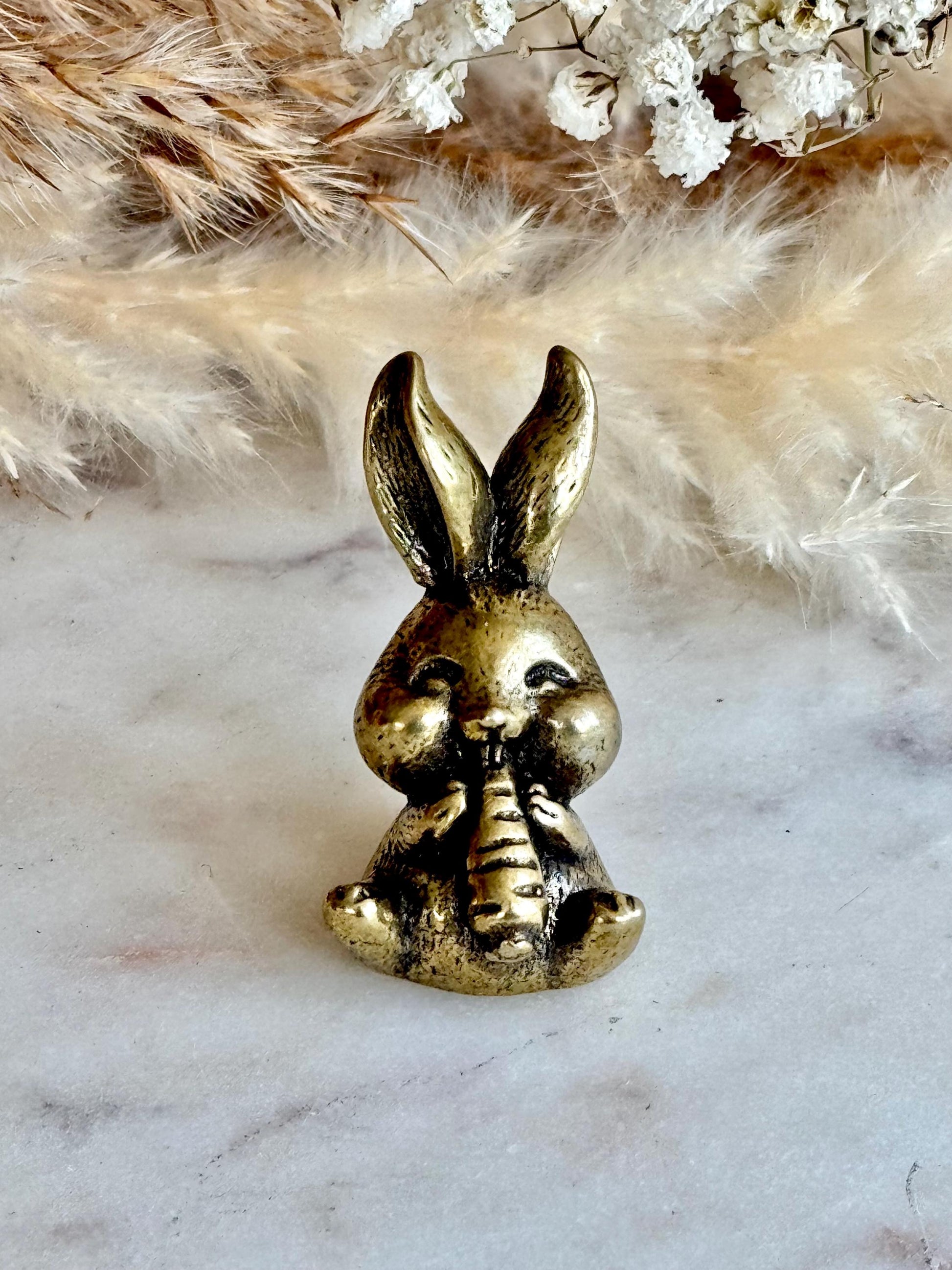 Solid Brass Happy Bunny Figurine, Lifelike Rabbit Sculpture, Cute Bunny Ornament, Collectible Rabbit with Basket, cute Animal Gift