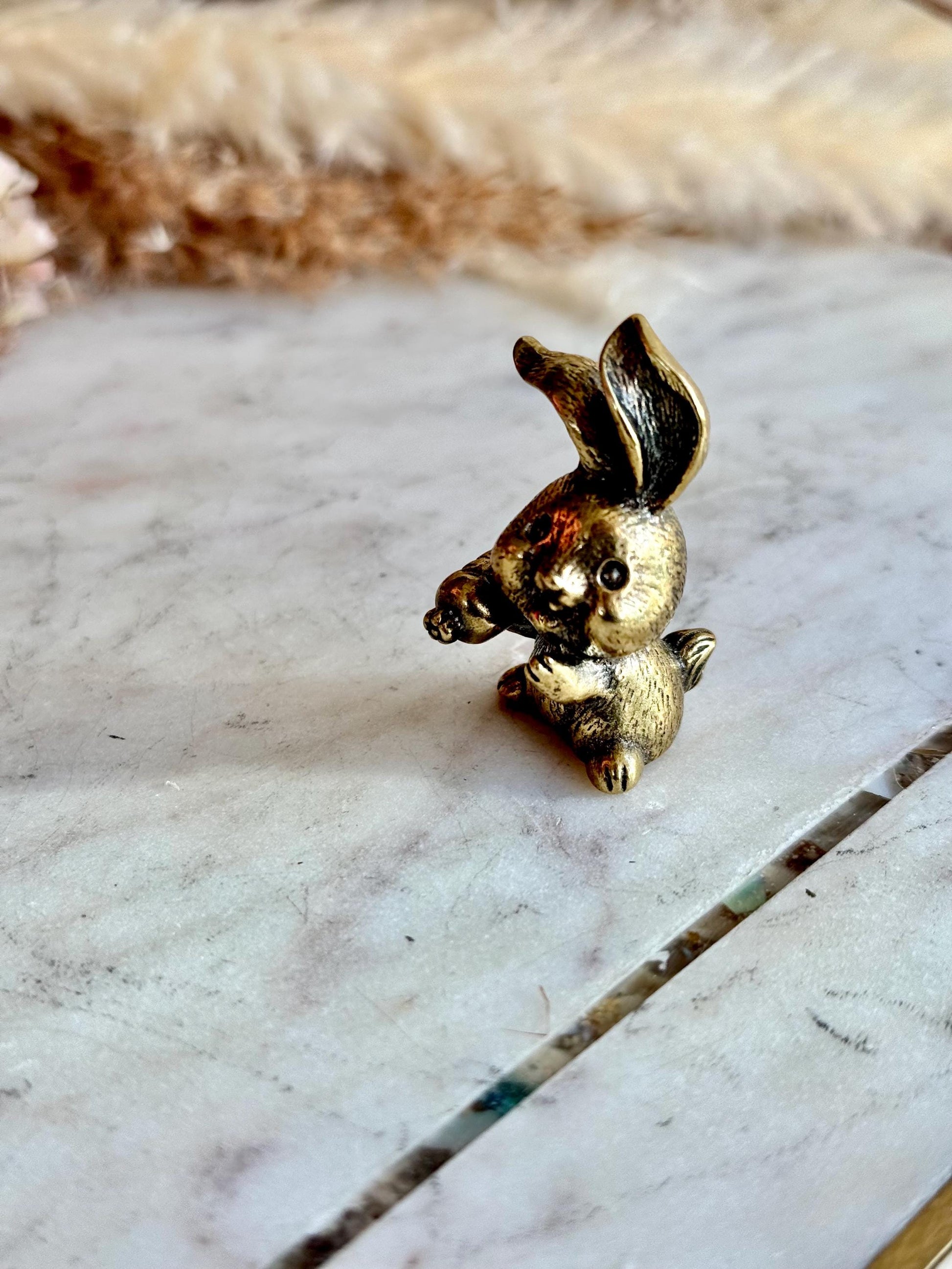 Solid Brass Happy Bunny Figurine, Lifelike Rabbit Sculpture, Cute Bunny Ornament, Collectible Rabbit with Basket, adorable Animal Gift