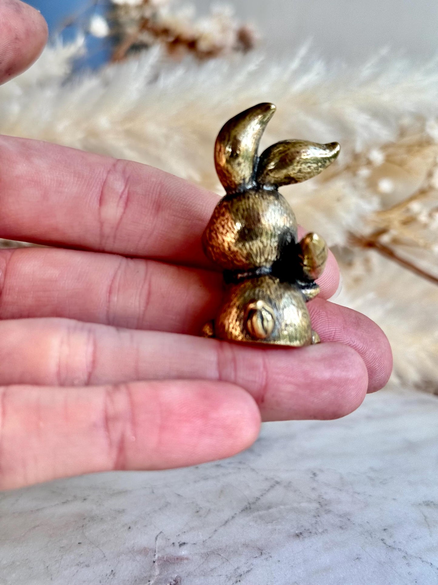 Solid Brass Happy Bunny Figurine, Lifelike Rabbit Sculpture, Cute Bunny Ornament, Collectible Rabbit with Basket, adorable Animal Gift