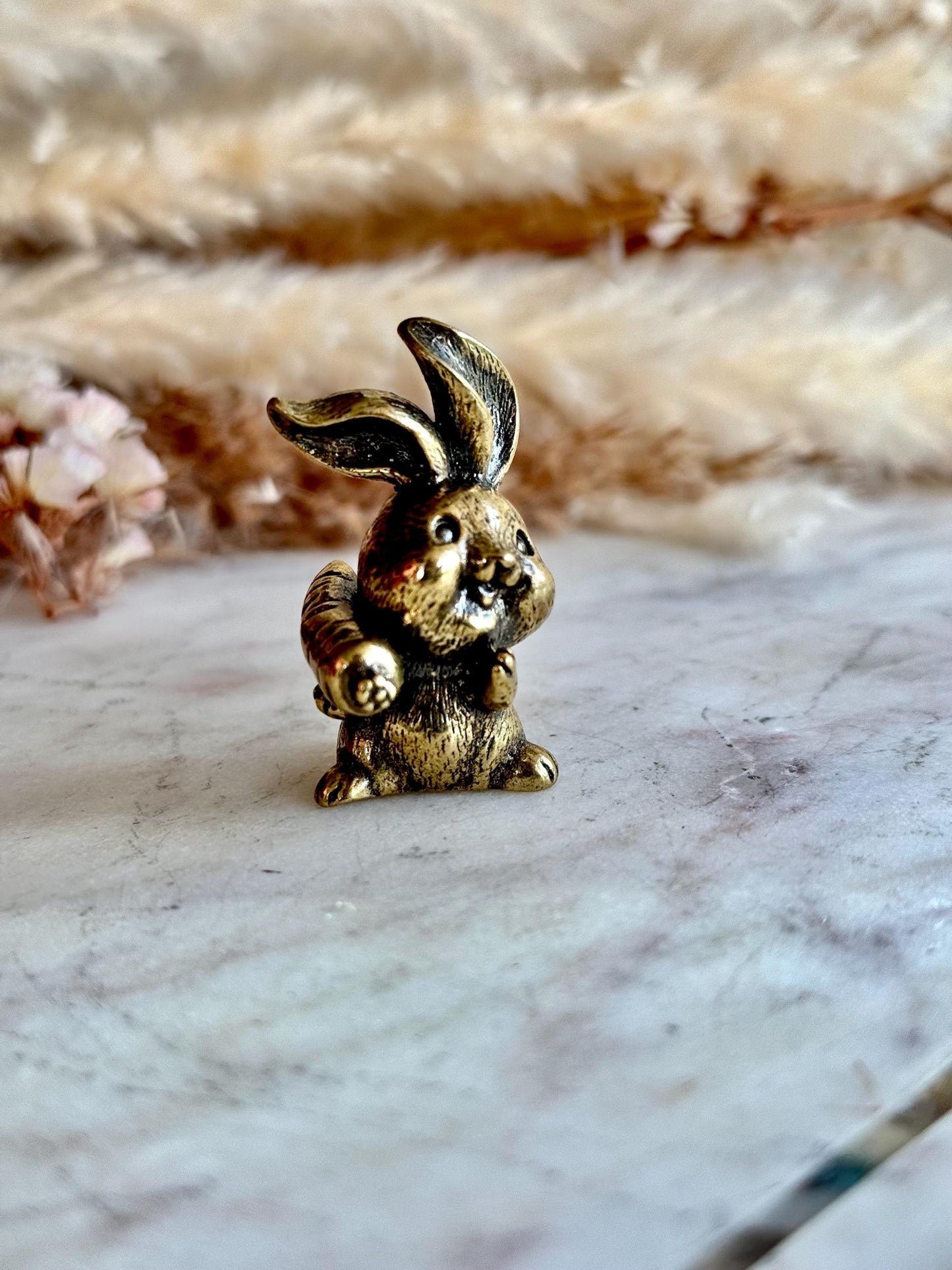 Solid Brass Happy Bunny Figurine, Lifelike Rabbit Sculpture, Cute Bunny Ornament, Collectible Rabbit with Basket, adorable Animal Gift