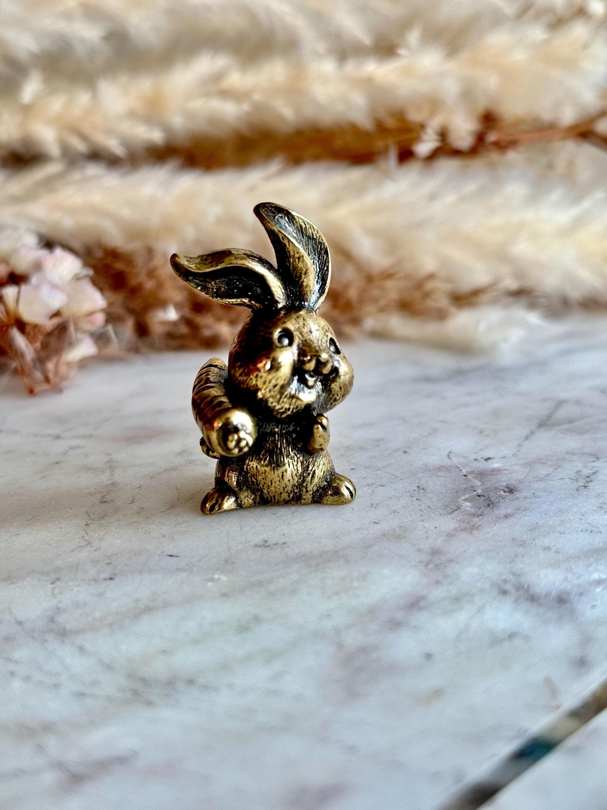 Solid Brass Happy Bunny Figurine, Lifelike Rabbit Sculpture, Cute Bunny Ornament, Collectible Rabbit with Basket, adorable Animal Gift