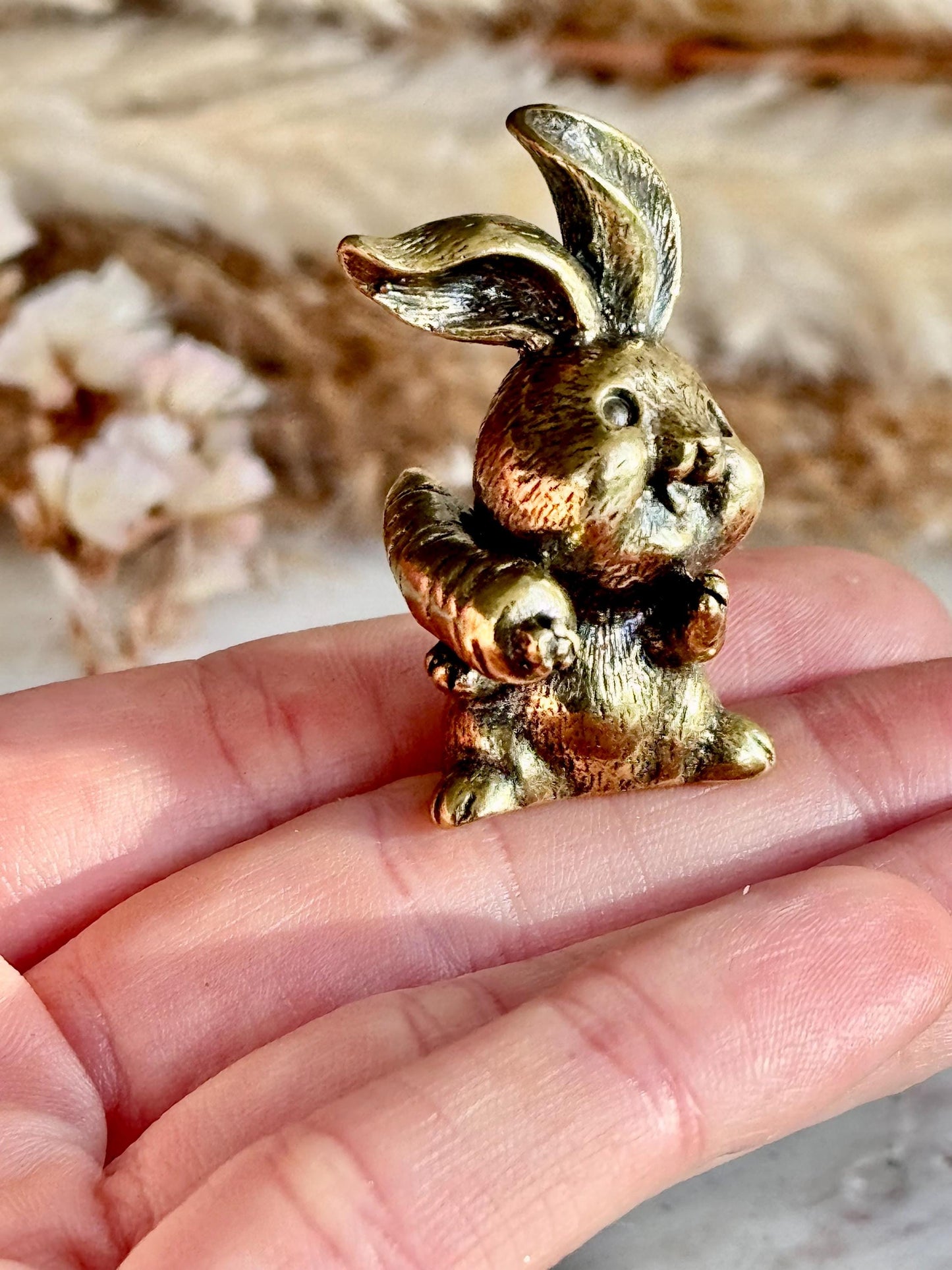 Solid Brass Happy Bunny Figurine, Lifelike Rabbit Sculpture, Cute Bunny Ornament, Collectible Rabbit with Basket, adorable Animal Gift