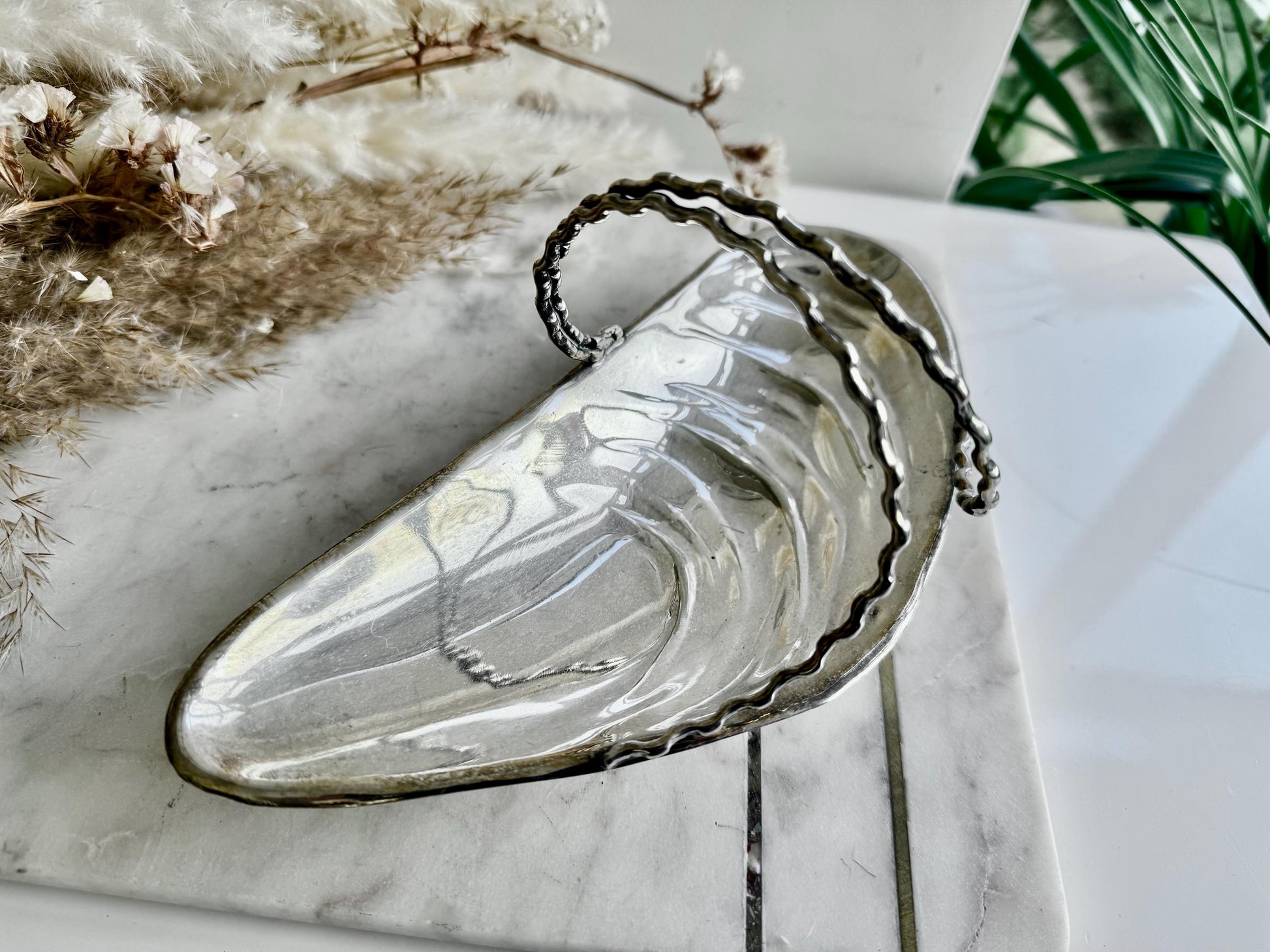Antique English Silver Plate and Frosted Glass Oyster Shell Pickle Dish, Shell Butter Dish with a Butter Knife