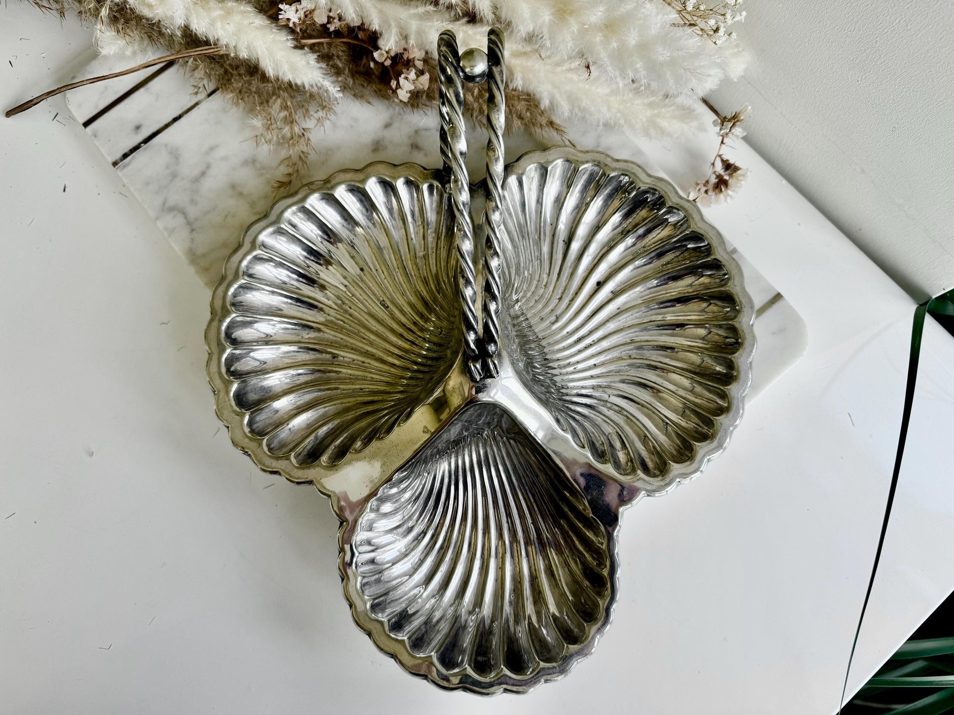 Antique Art Deco silver plate Butter shell Vintage Dish Clam Scallop Shell Bonbon Trinket Silver Plate Double Shell with a Handle