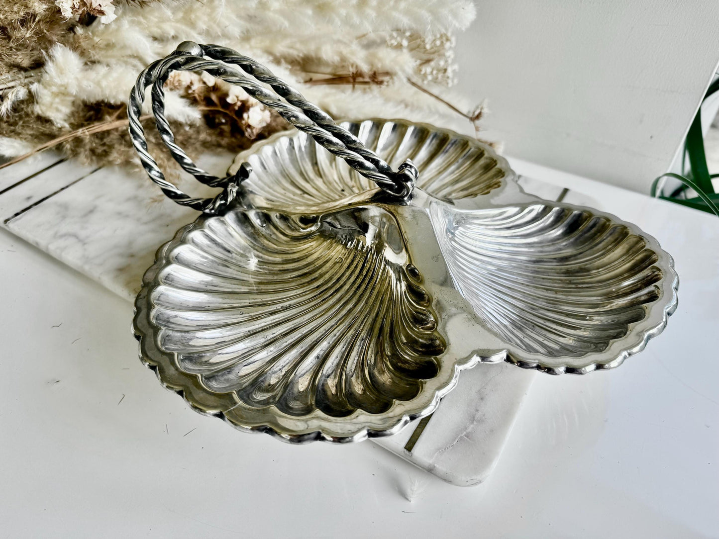Antique Art Deco silver plate Butter shell Vintage Dish Clam Scallop Shell Bonbon Trinket Silver Plate Double Shell with a Handle