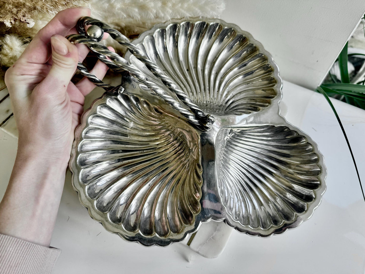 Antique Art Deco silver plate Butter shell Vintage Dish Clam Scallop Shell Bonbon Trinket Silver Plate Double Shell with a Handle