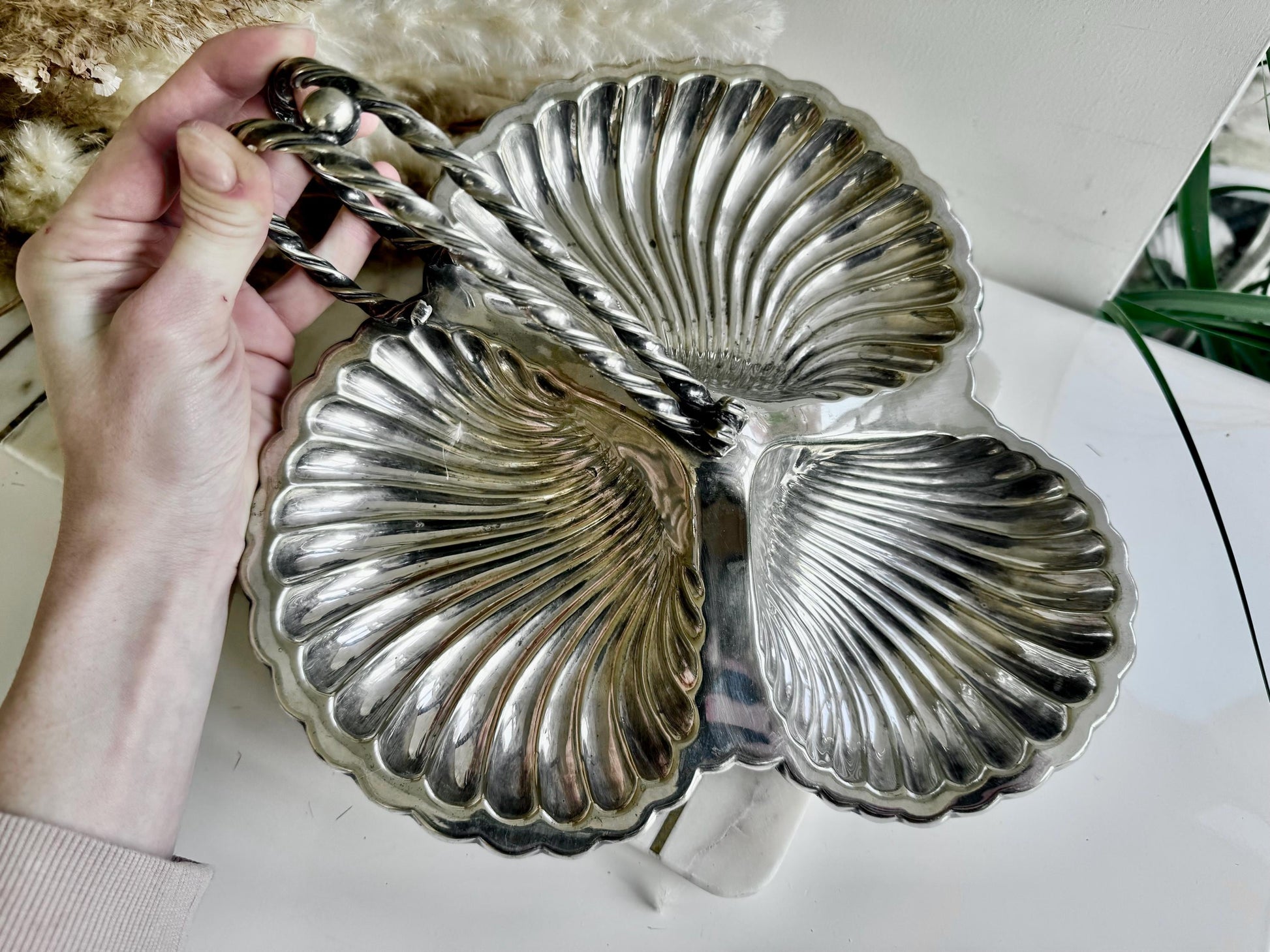 Antique Art Deco silver plate Butter shell Vintage Dish Clam Scallop Shell Bonbon Trinket Silver Plate Double Shell with a Handle