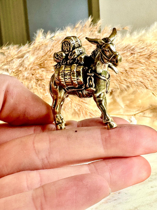 Solid brass traveler on donkey figurine, rustic caravan sculpture, nomad metal ornament, miniature desert journey souvenir