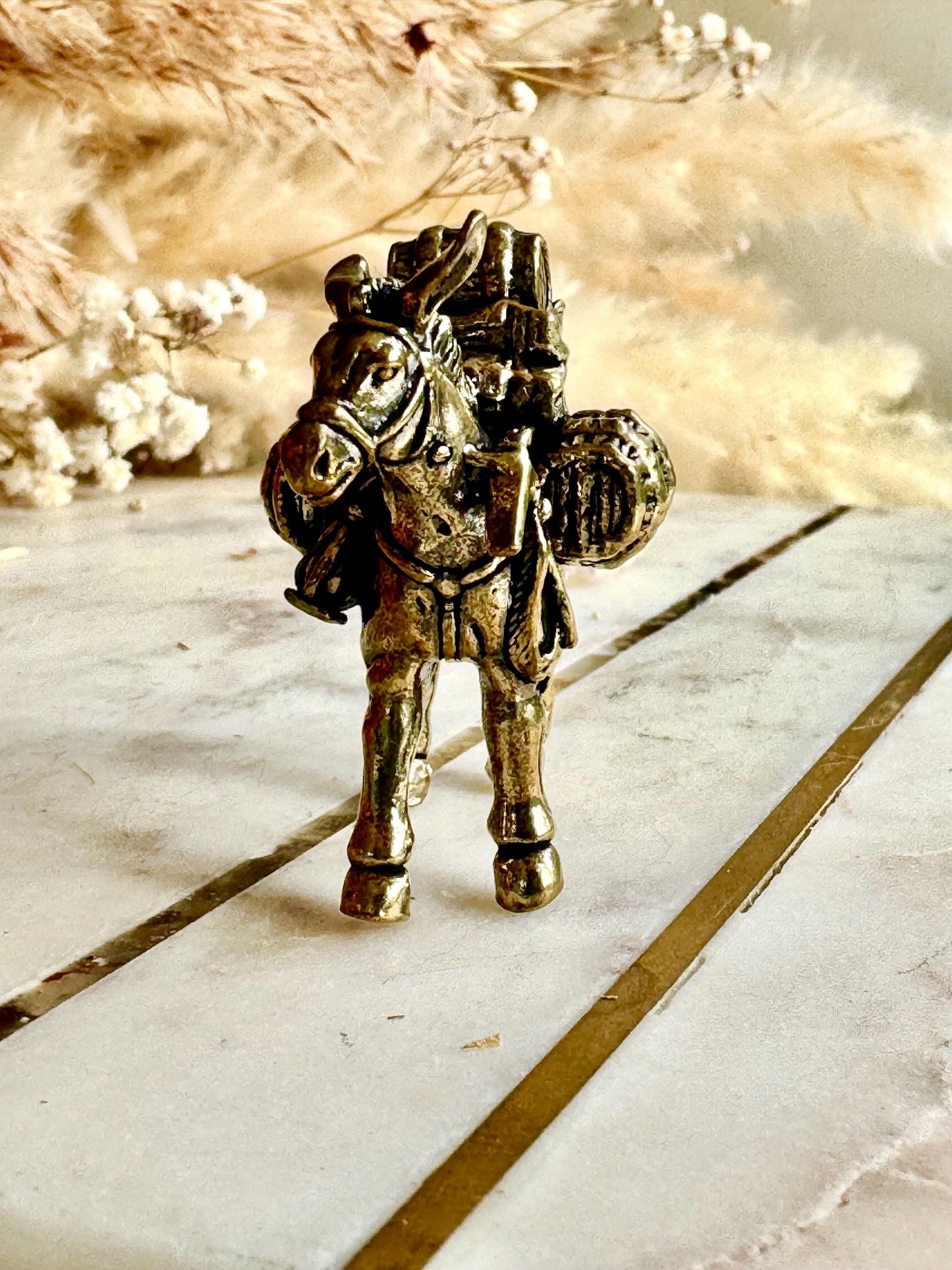 Solid brass traveler on donkey figurine, rustic caravan sculpture, nomad metal ornament, miniature desert journey souvenir