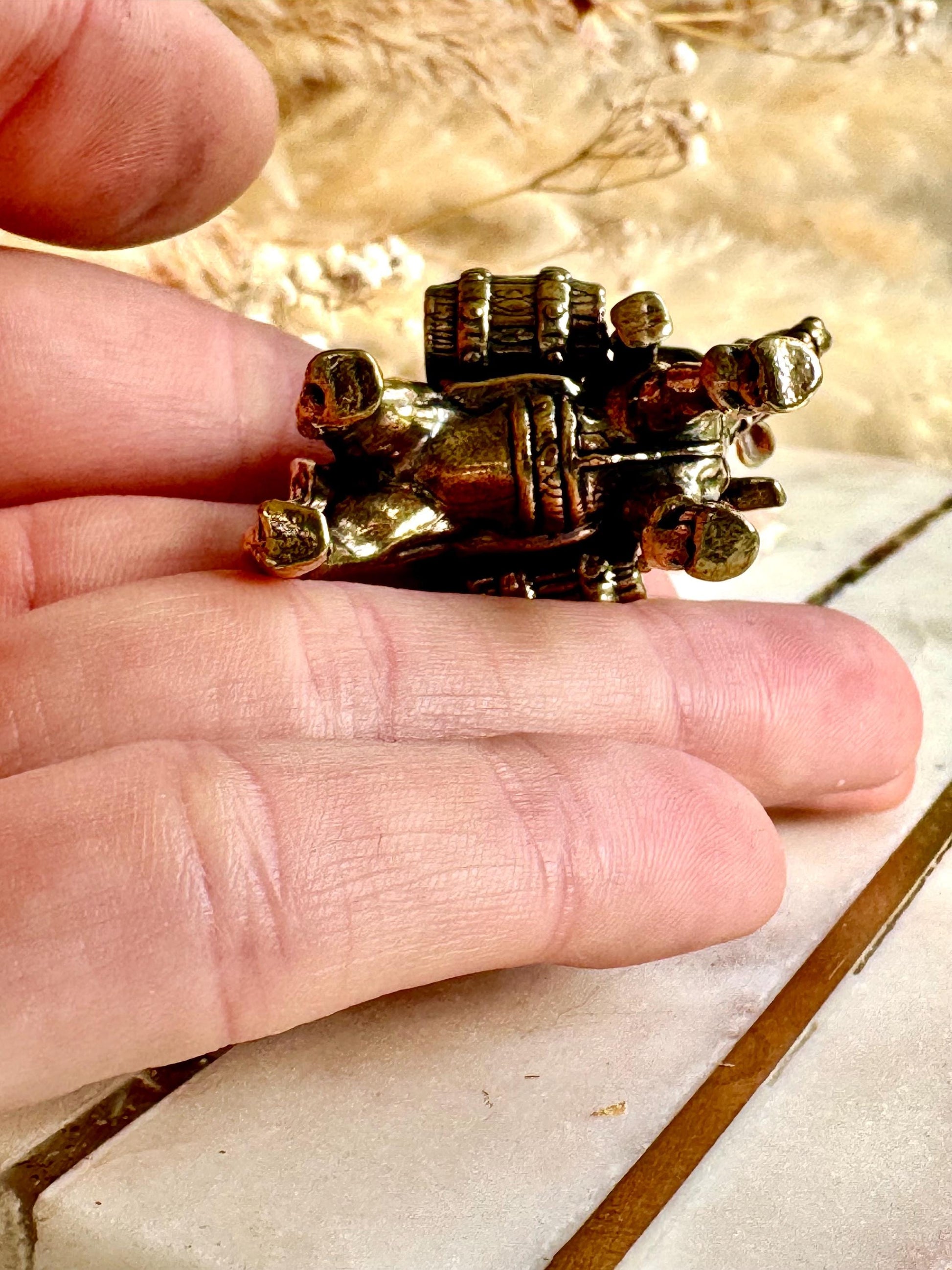 Solid brass traveler on donkey figurine, rustic caravan sculpture, nomad metal ornament, miniature desert journey souvenir