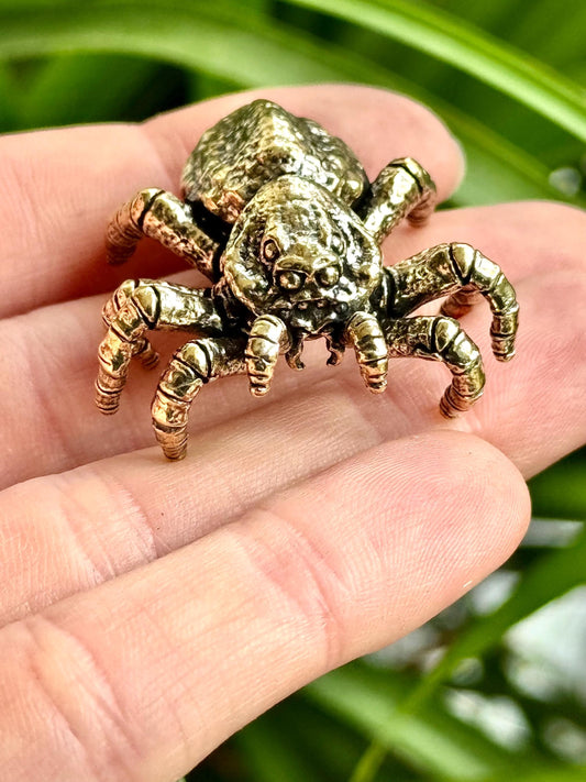 Solid brass tarantula figurine, realistic spider sculpture, metal arachnid ornament, detailed brass creepy crawler paperweight