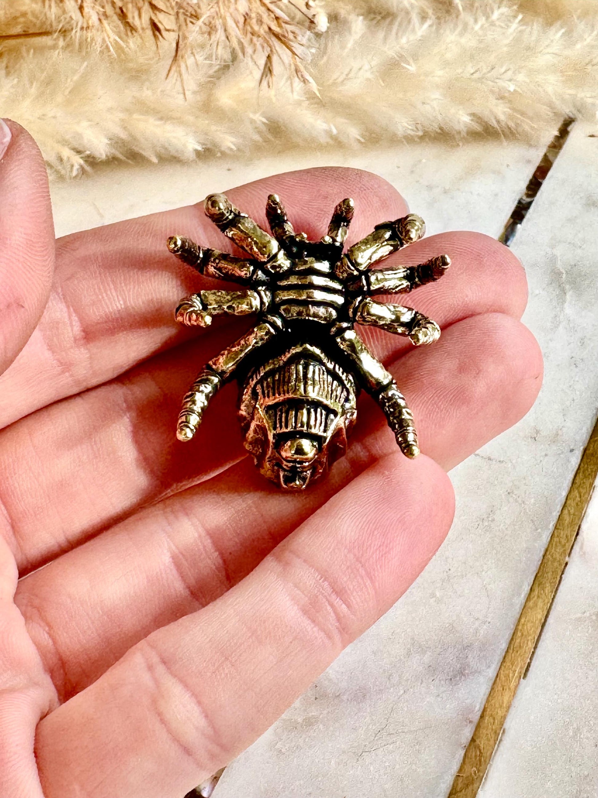 Solid brass tarantula figurine, realistic spider sculpture, metal arachnid ornament, detailed brass creepy crawler paperweight
