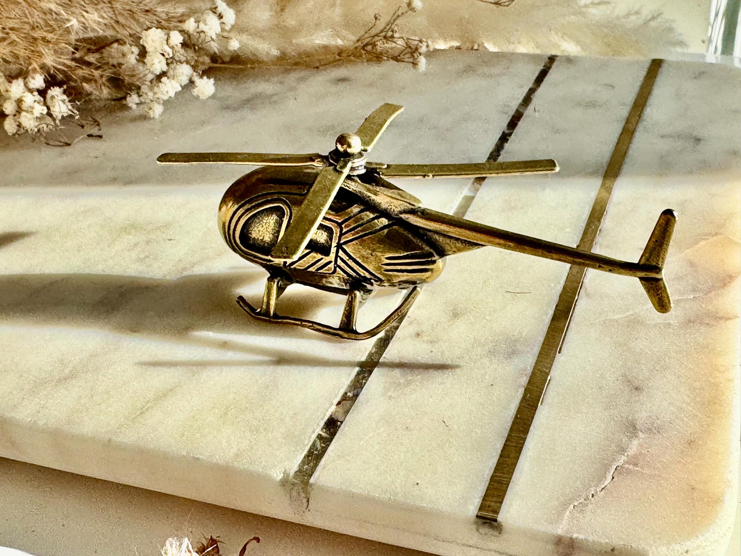 Solid Brass Helicopter Miniature – Rotating Propeller, Retro Aviation Gift, Pilot’s Desk Decor, Collectible Metal Chopper Model