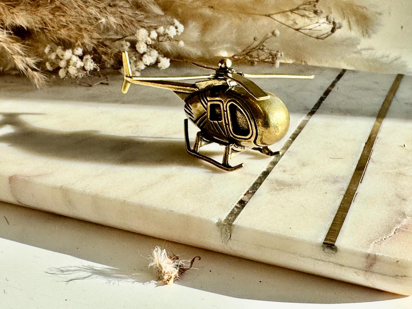 Solid Brass Helicopter Miniature – Rotating Propeller, Retro Aviation Gift, Pilot’s Desk Decor, Collectible Metal Chopper Model