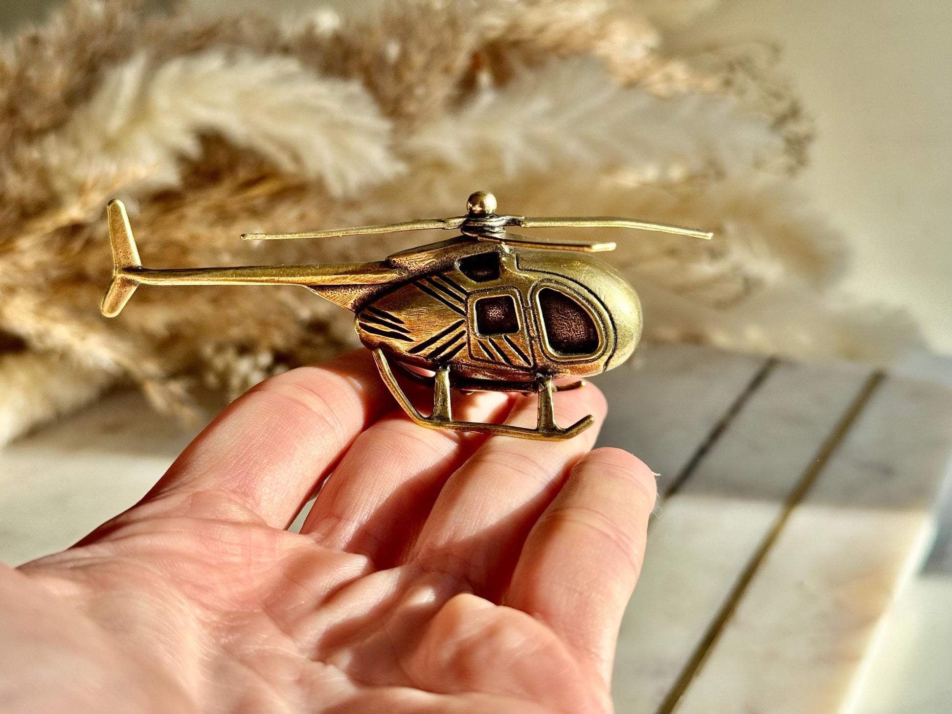 Solid Brass Helicopter Miniature – Rotating Propeller, Retro Aviation Gift, Pilot’s Desk Decor, Collectible Metal Chopper Model