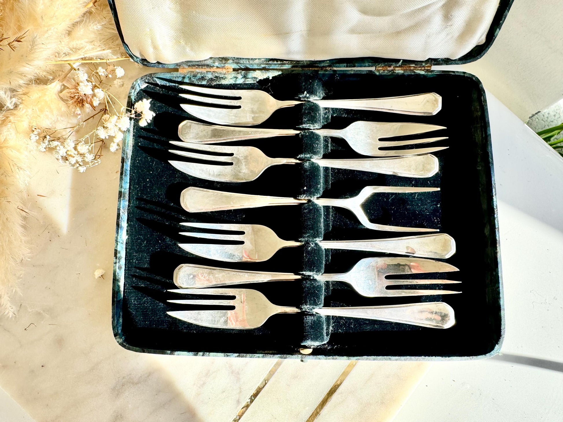 Vintage EPNS Silver-Plated Pastry Fork Set in Original Box (Set of 6)