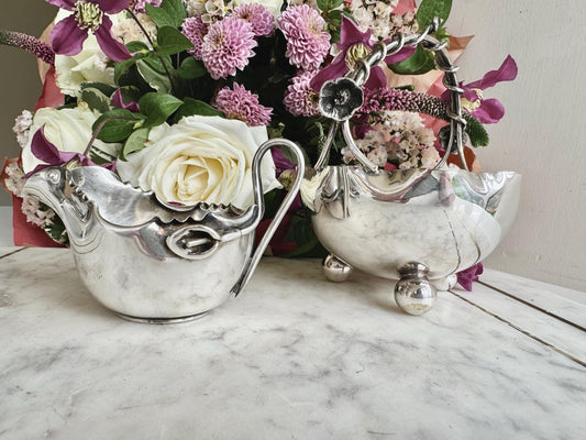 Antique Silver Plated Creamer and Sugar Bowl Set – Art Nouveau Floral Design, James Deakin and Sons