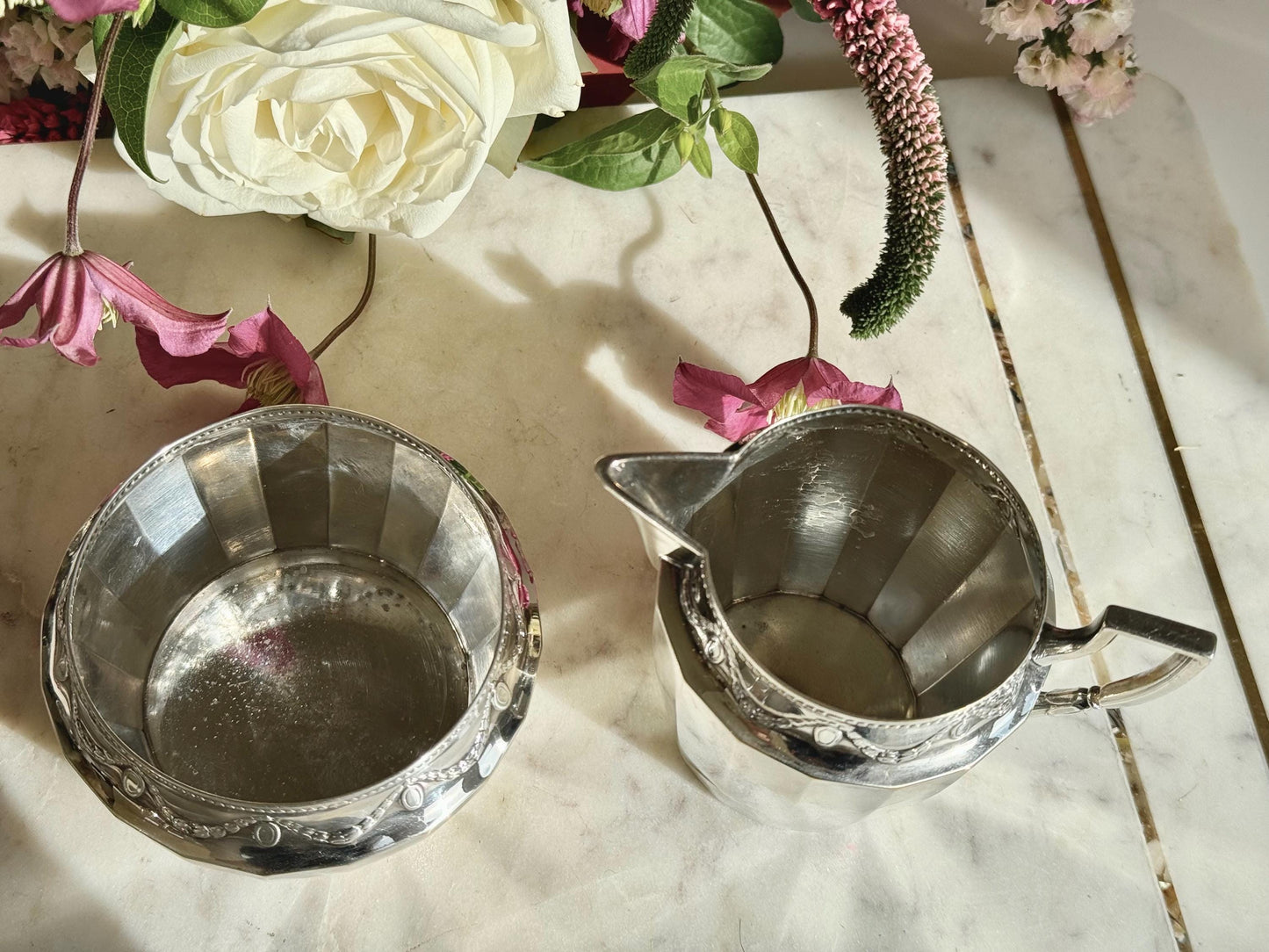 Antique English Silver Plated Sugar Bowl and Cream Jug by Walker & Hall