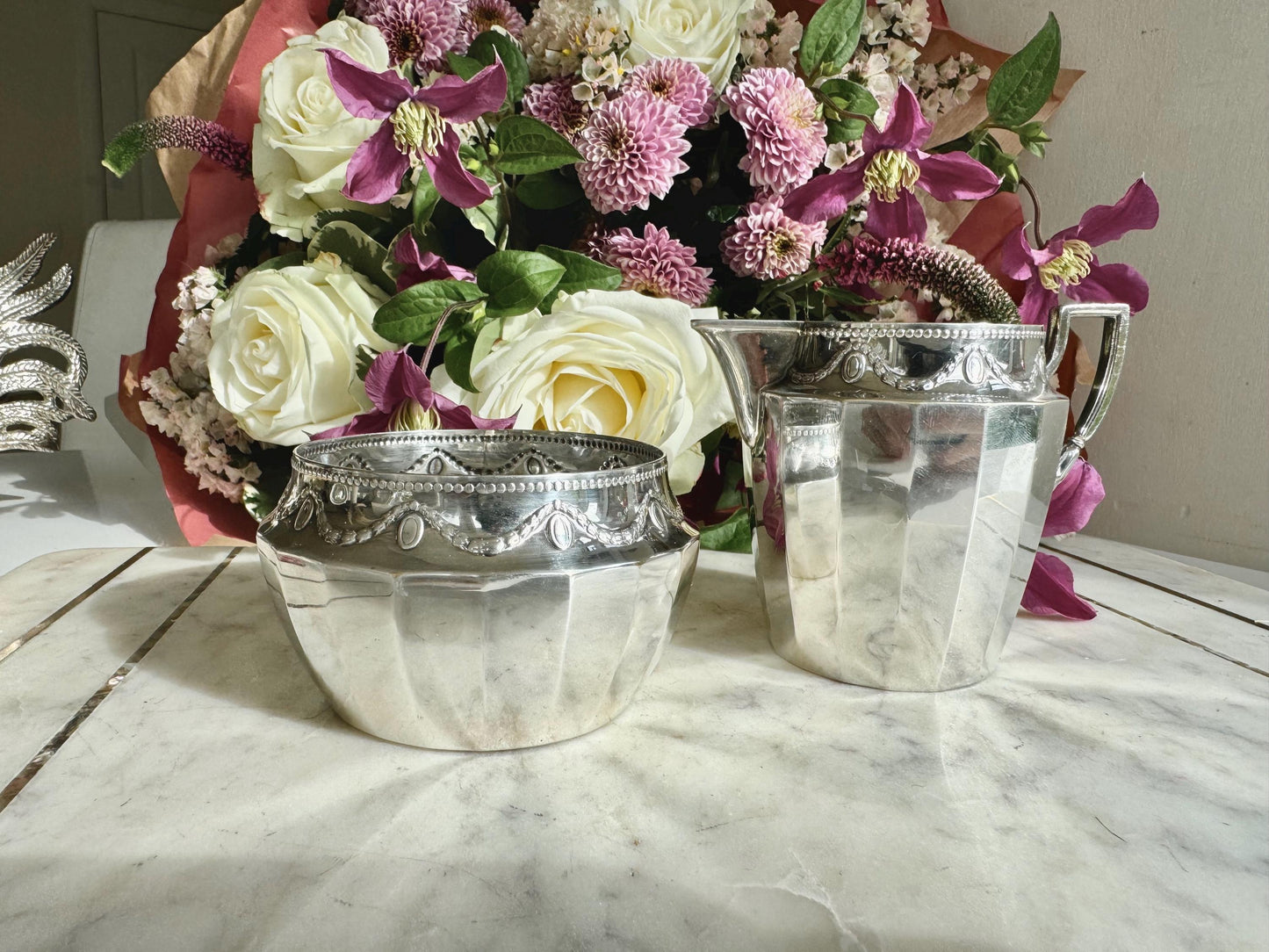 Antique English Silver Plated Sugar Bowl and Cream Jug by Walker & Hall