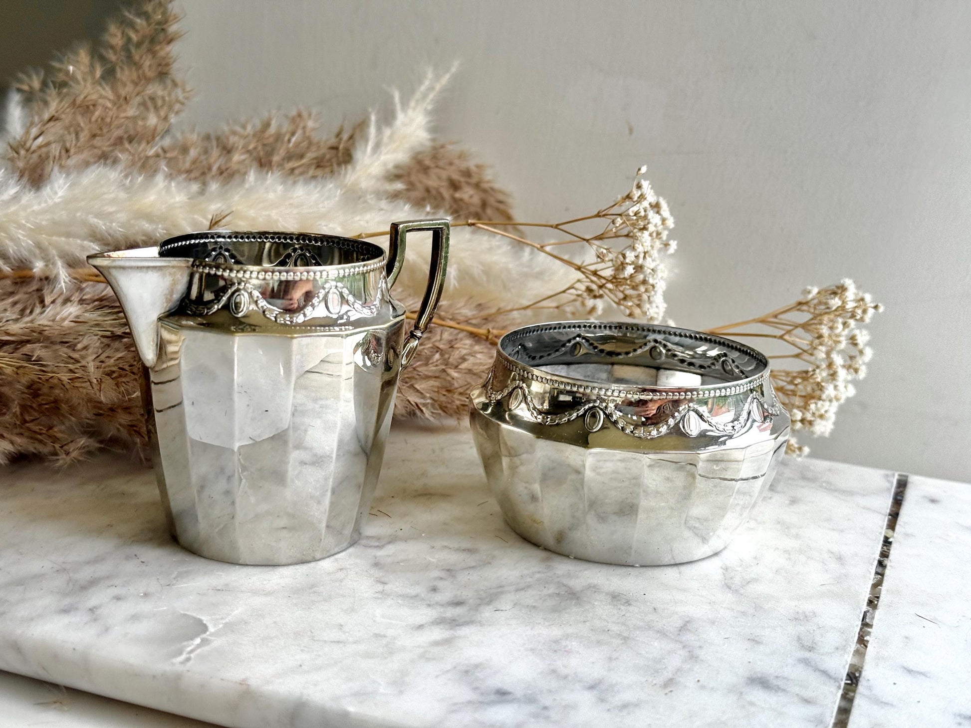 Antique English Silver Plated Sugar Bowl and Cream Jug by Walker & Hall