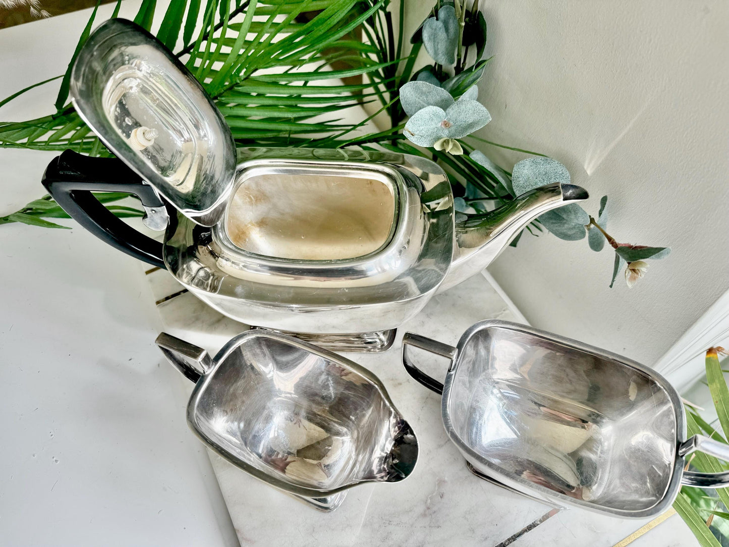 Vintage Silver-Plated Three-Piece Tea Set by ELJ, England (Art Deco Style)