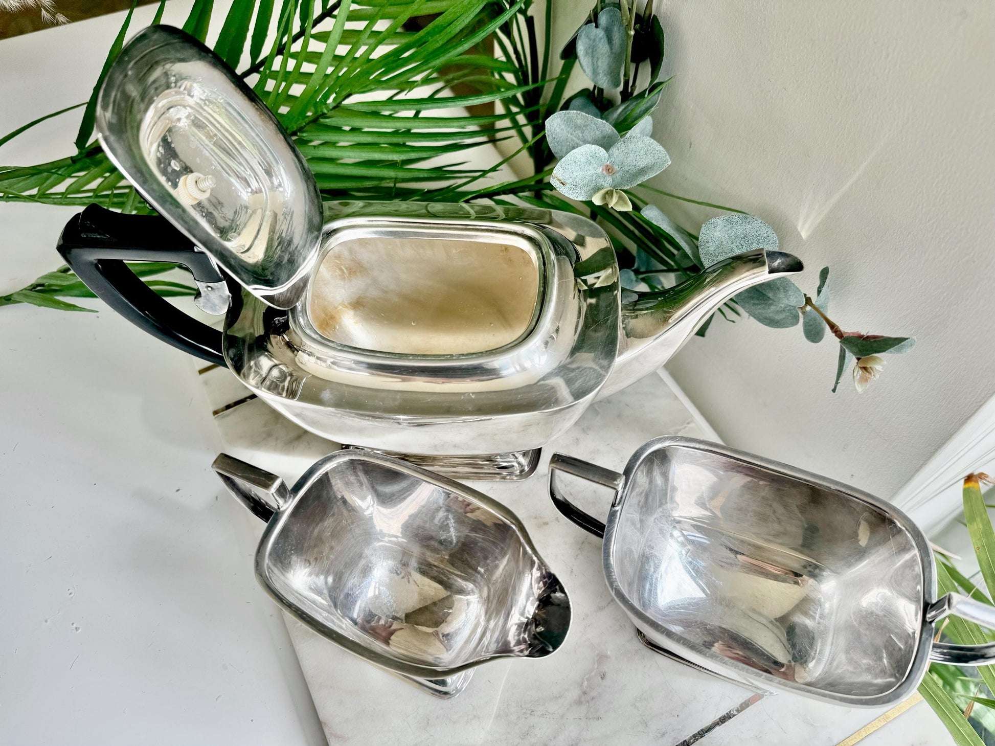 Vintage Silver-Plated Three-Piece Tea Set by ELJ, England (Art Deco Style)