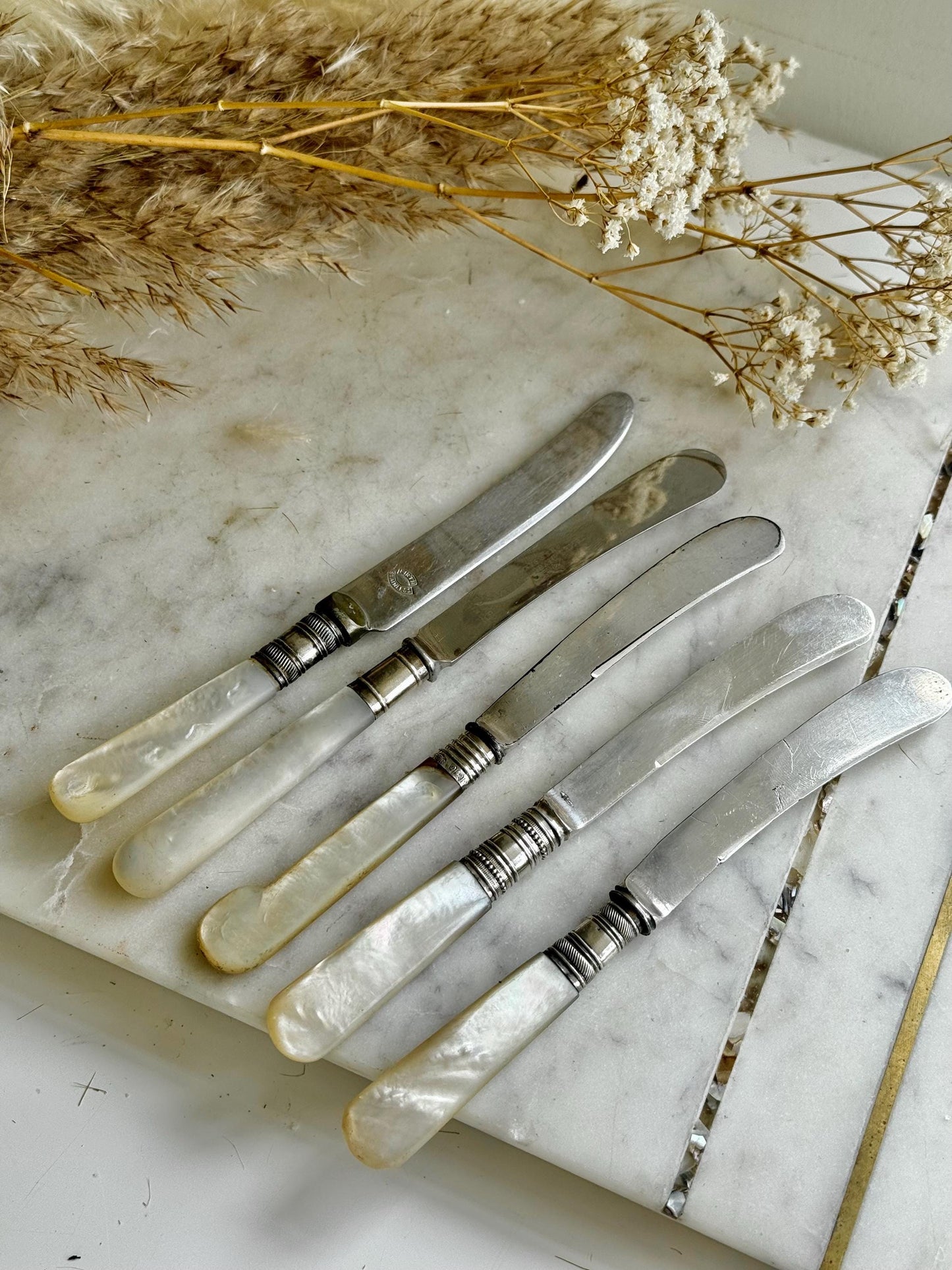 English Set of Five Vintage Mother of Pearl Handled Butter Knives – Mixed Designs