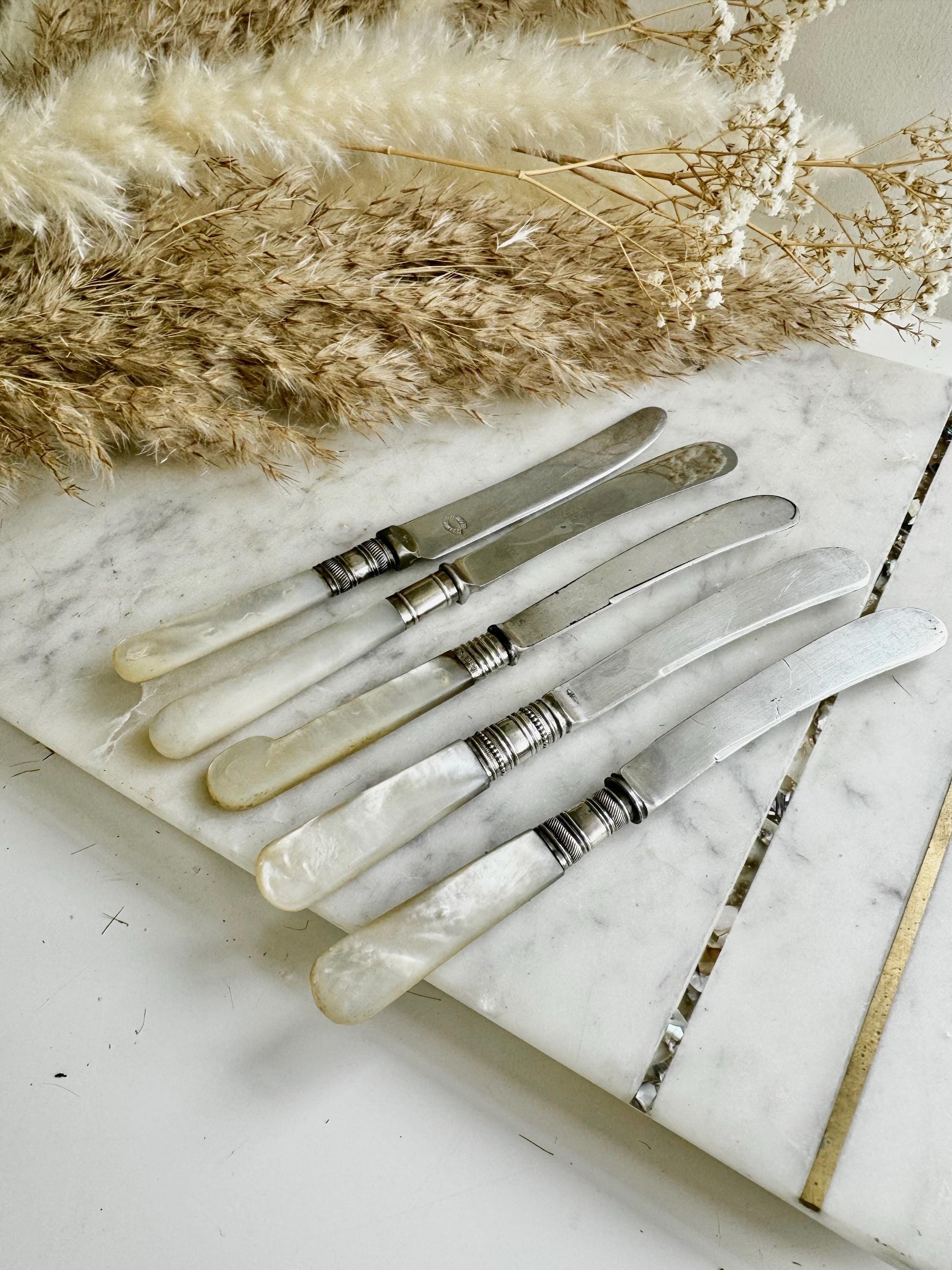 English Set of Five Vintage Mother of Pearl Handled Butter Knives – Mixed Designs