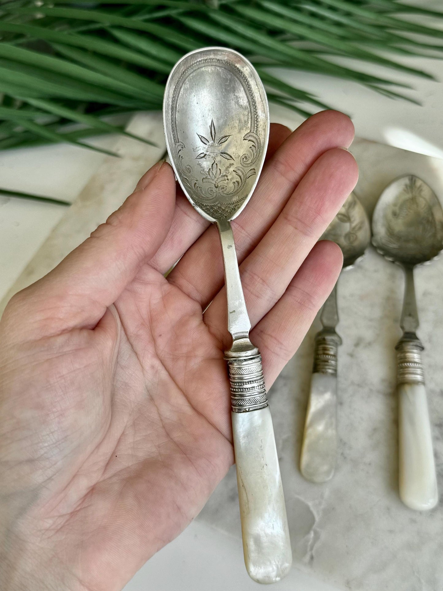 Set of Six Antique English Silver-Plated and Sterling Silver Dessert Spoons with Mother-of-Pearl Handles, Timeless Tableware