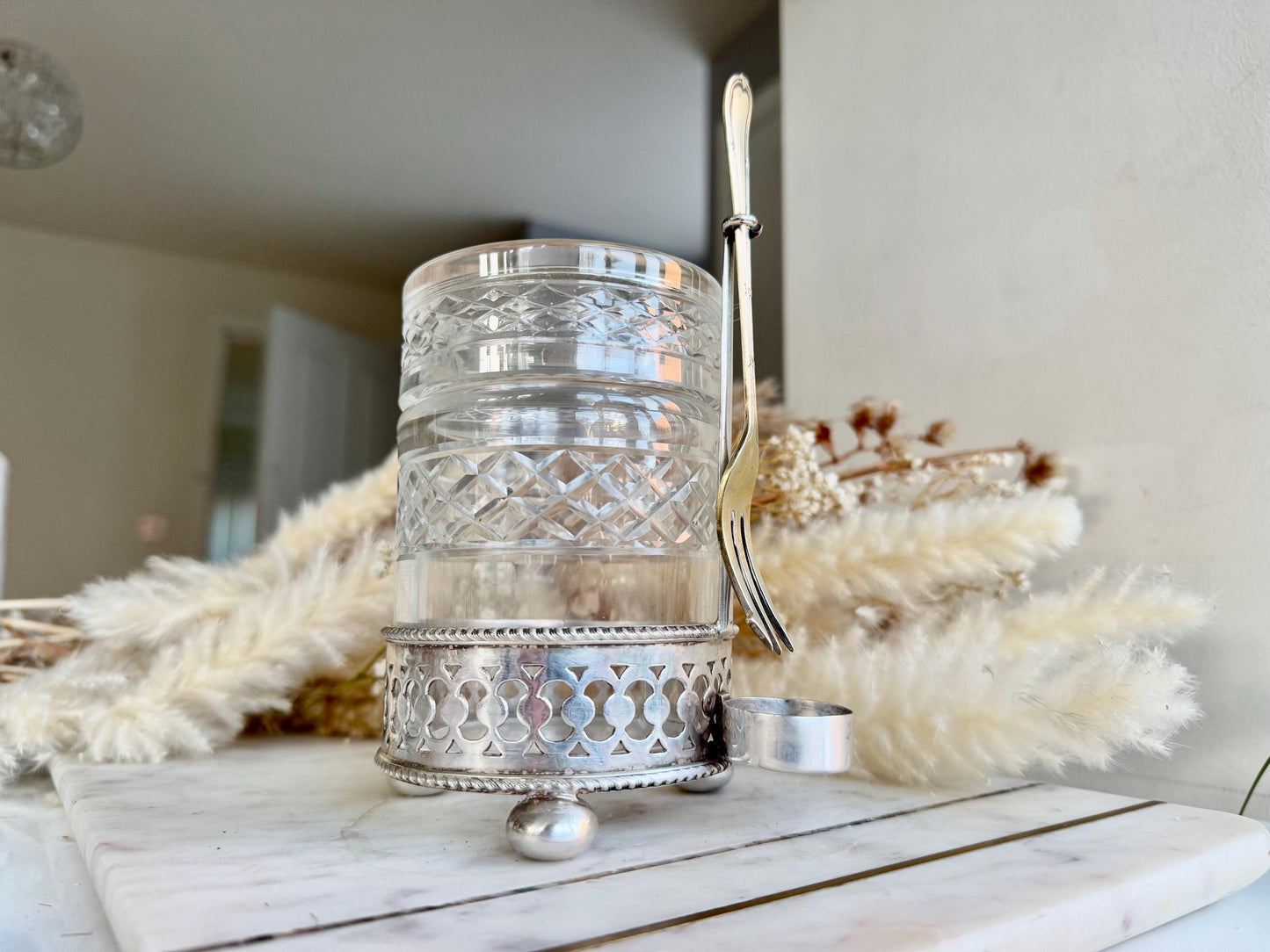 Antique British Cut Glass and Silver-Plated Pickle Jar with Fork – Elegant Vintage Tableware Piece