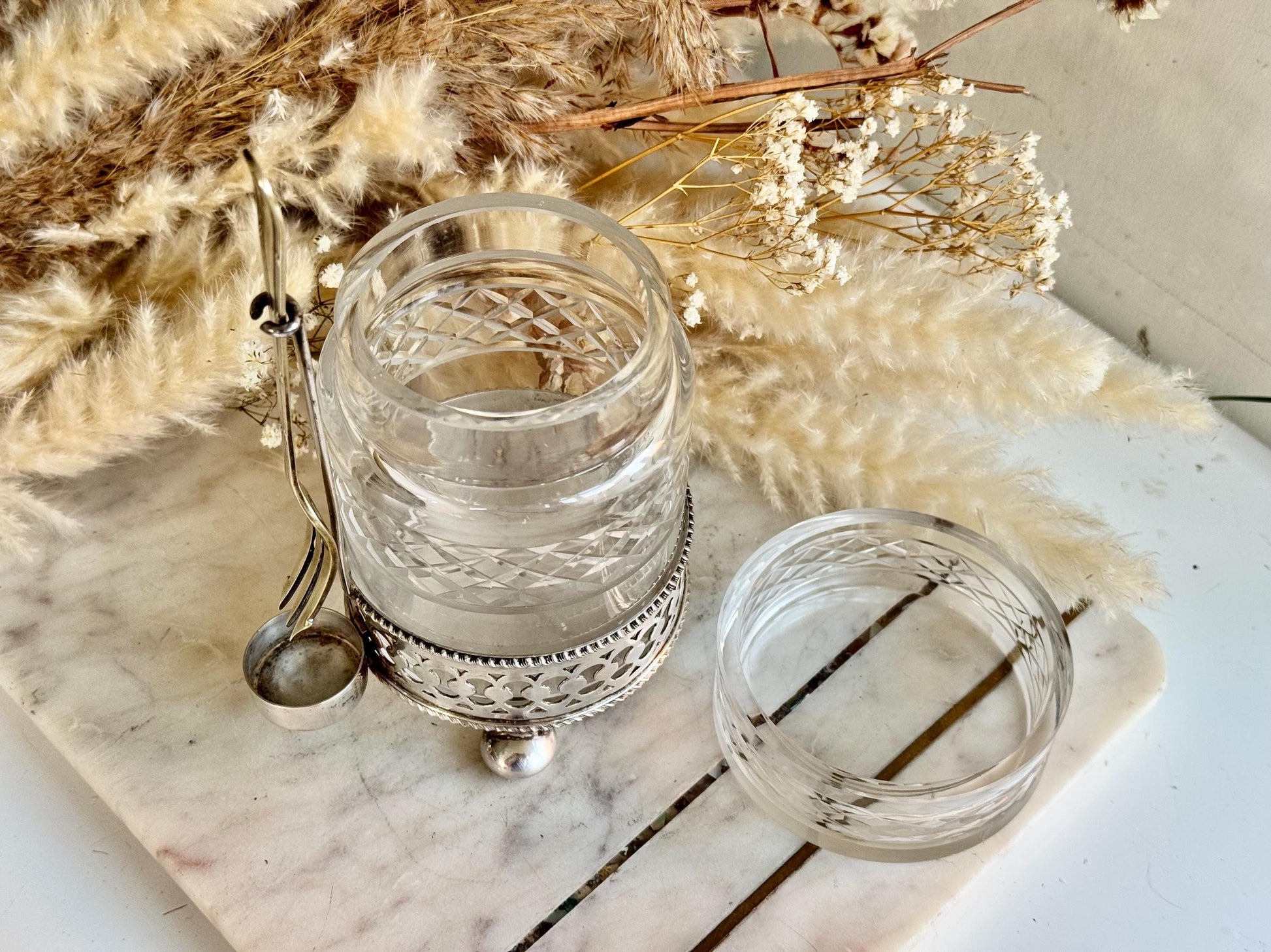 Antique British Cut Glass and Silver-Plated Pickle Jar with Fork – Elegant Vintage Tableware Piece