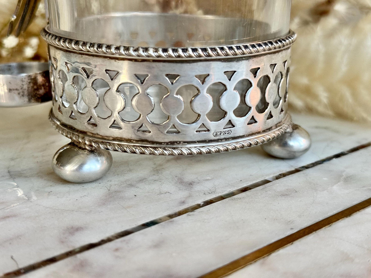 Antique British Cut Glass and Silver-Plated Pickle Jar with Fork – Elegant Vintage Tableware Piece