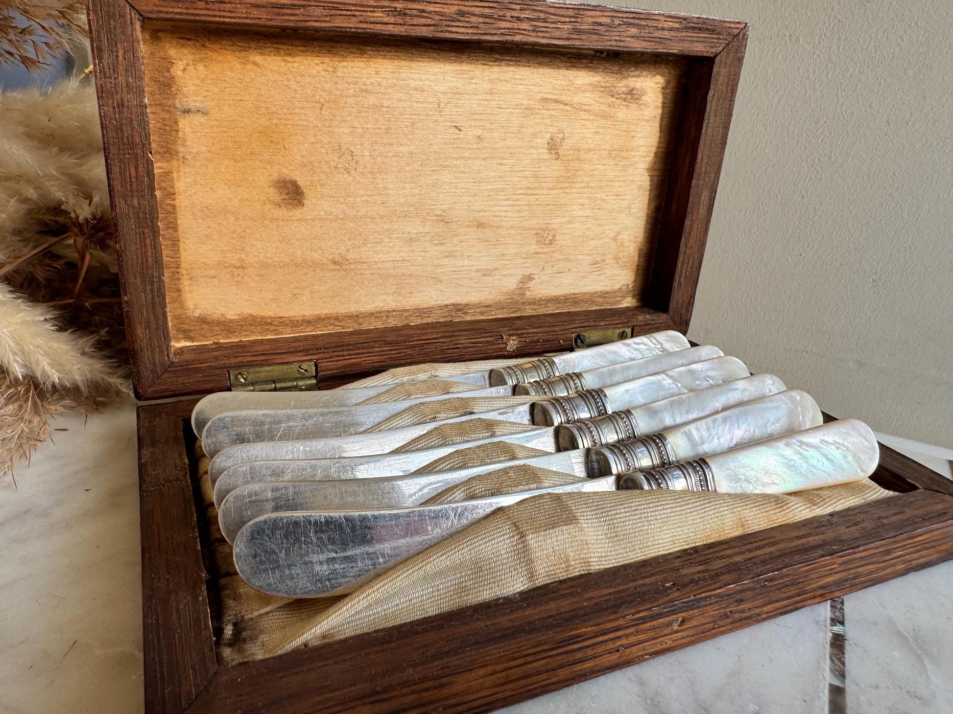 Antique English Mother of Pearl & Silver-Plated Dessert Knives Set in Wooden Case – c. 19th Century