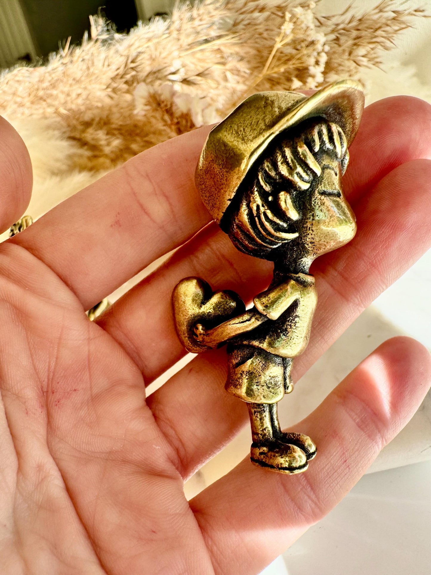 Timeless Love – Brass Figurine Set of a Boy Offering His Heart & a Shy Girl with a Bow, Sweet Couple Sculpture