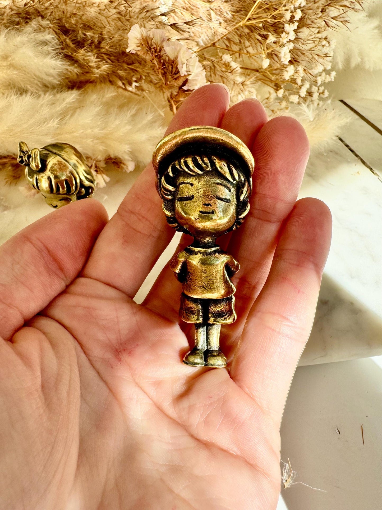Timeless Love – Brass Figurine Set of a Boy Offering His Heart & a Shy Girl with a Bow, Sweet Couple Sculpture
