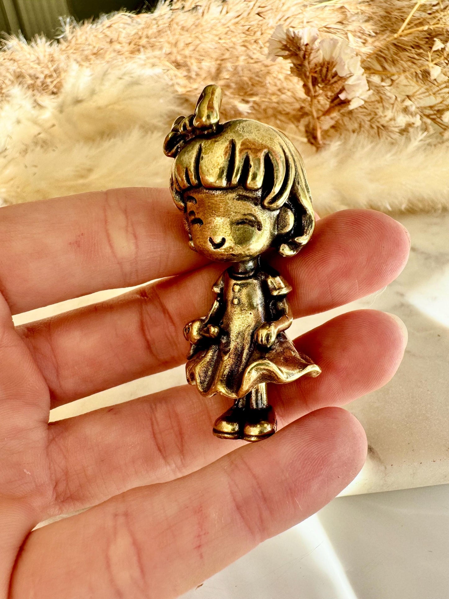 Timeless Love – Brass Figurine Set of a Boy Offering His Heart & a Shy Girl with a Bow, Sweet Couple Sculpture
