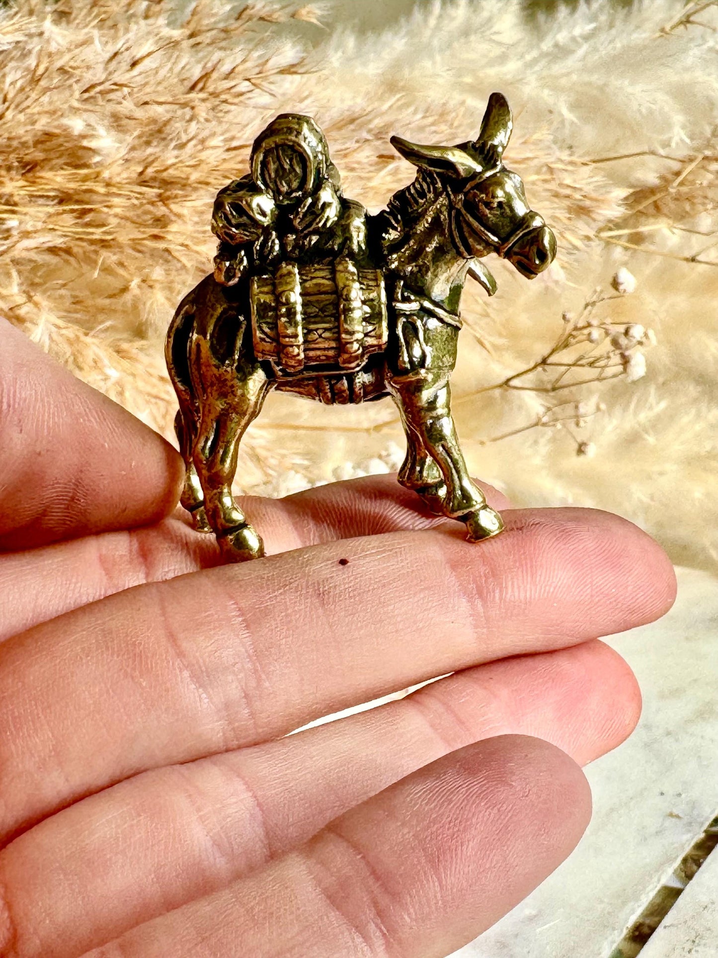 Solid brass traveler on donkey figurine, rustic caravan sculpture, nomad metal ornament, miniature desert journey souvenir
