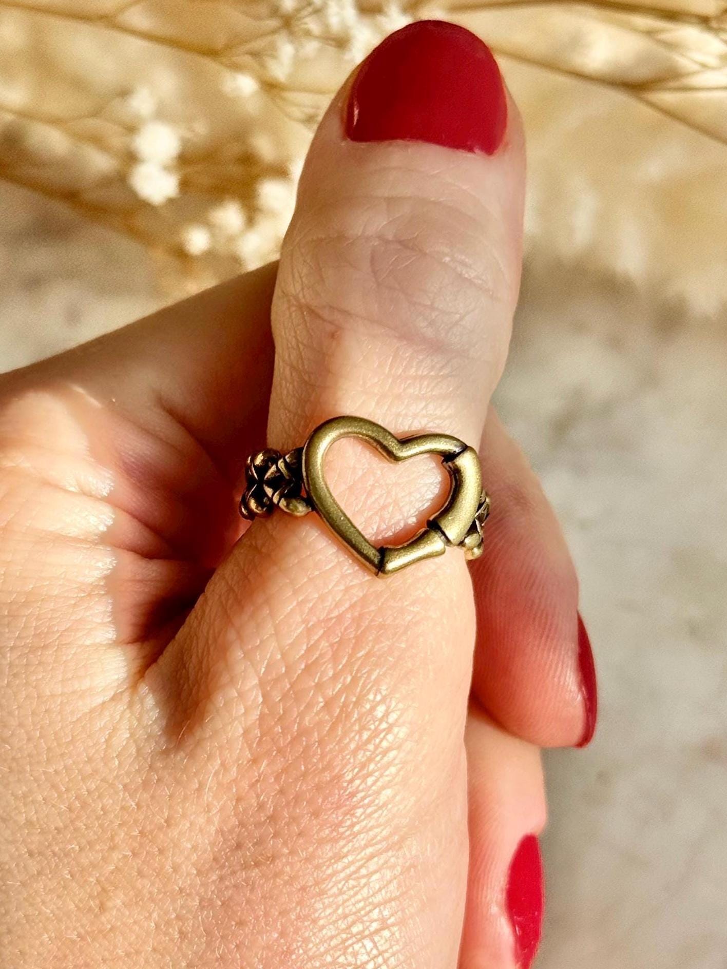 Adjustable Golden Solid Brass Heart Ring – Stunning and Versatile Jewelry Gift for Her, Fits Any Finger Size, Punk Ring, Streetwear Jewelery