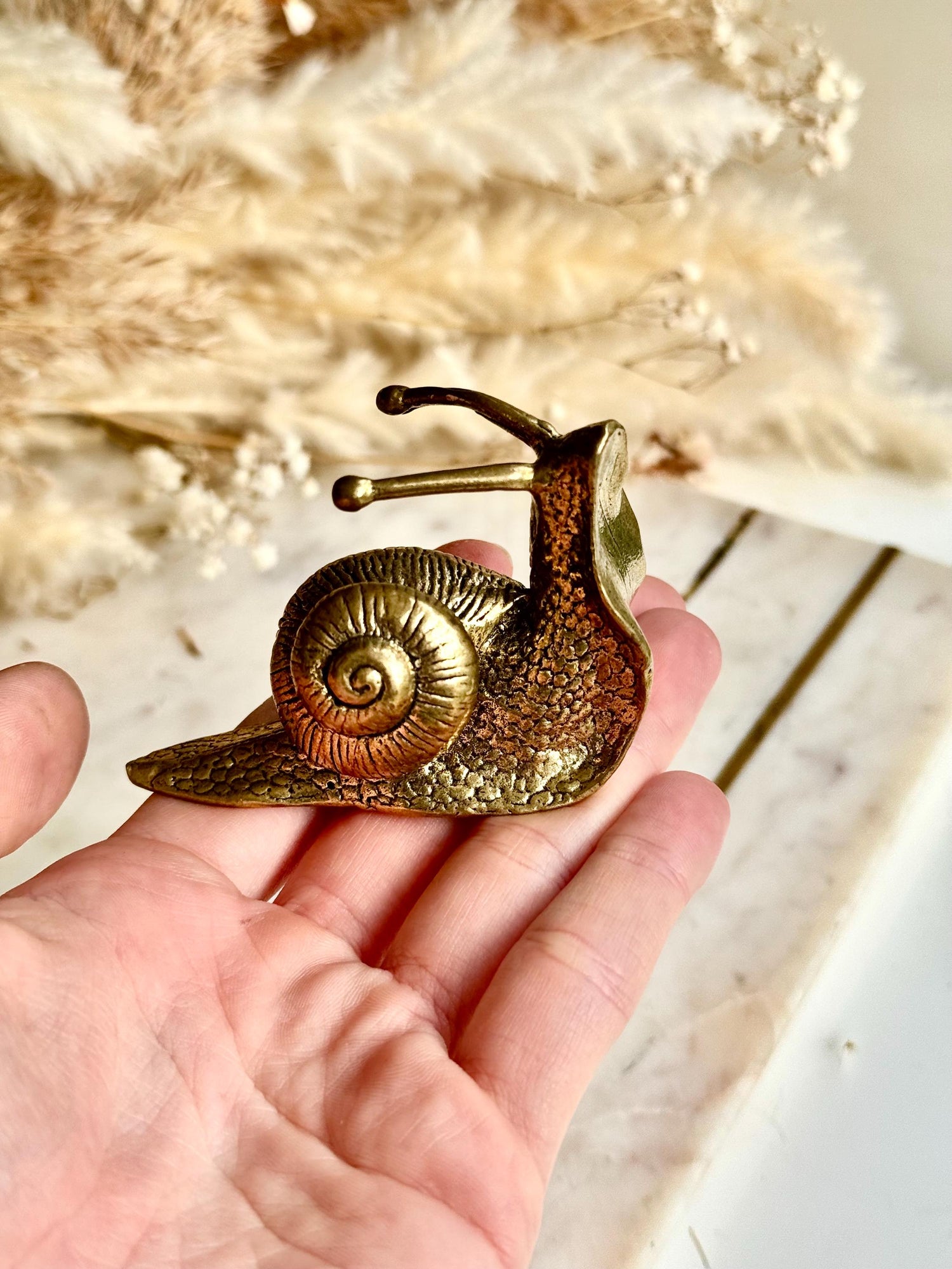 Lifelike solid brass snail figurine, detailed garden mollusk sculpture, vintage nature-inspired ornament, unique brass gastropod paperweight