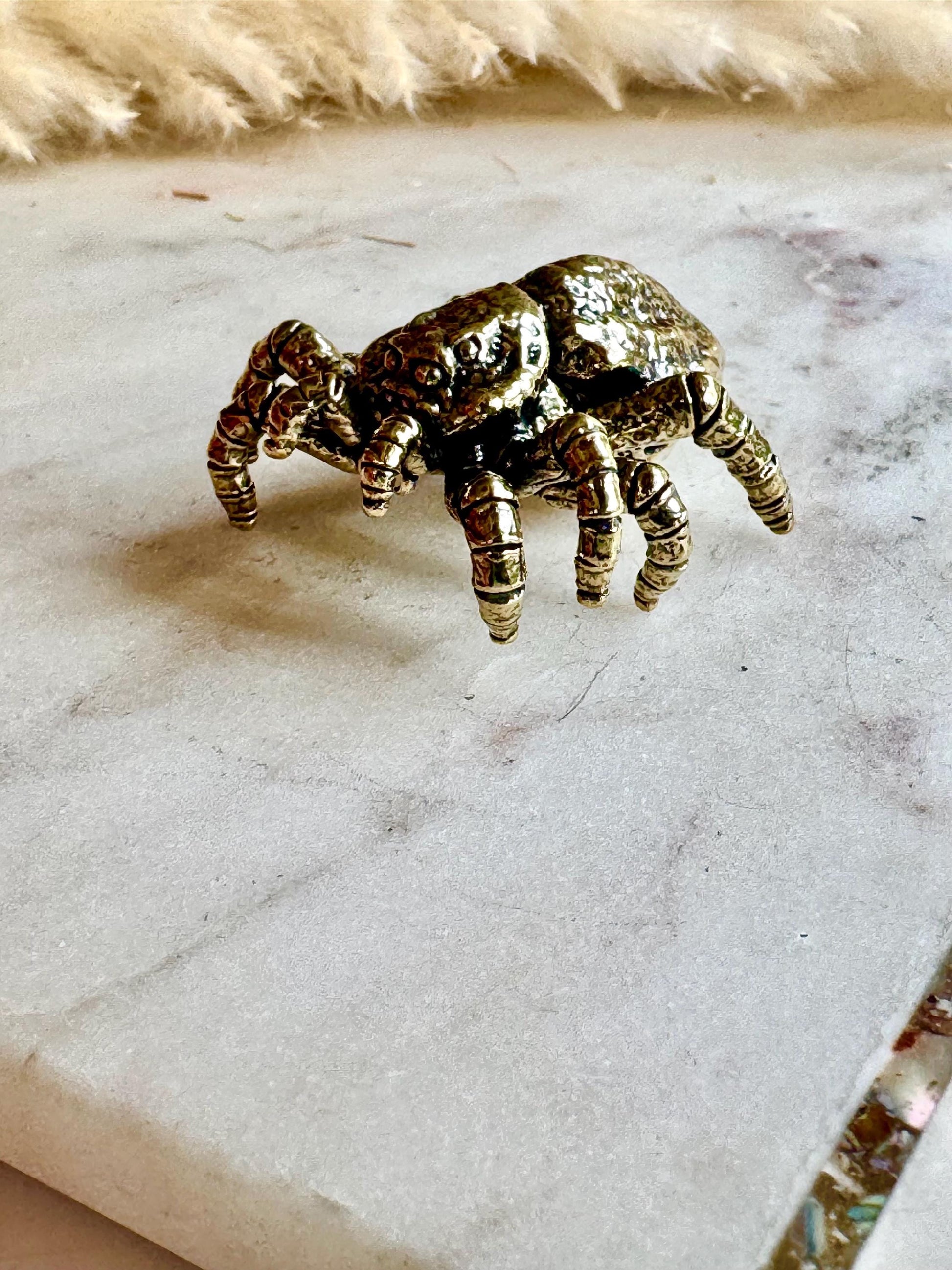 Solid brass tarantula figurine, realistic spider sculpture, metal arachnid ornament, detailed brass creepy crawler paperweight