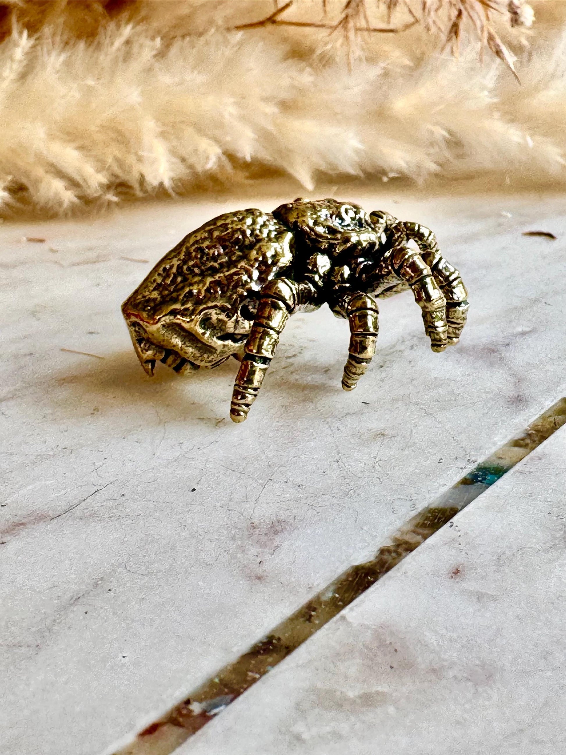 Solid brass tarantula figurine, realistic spider sculpture, metal arachnid ornament, detailed brass creepy crawler paperweight