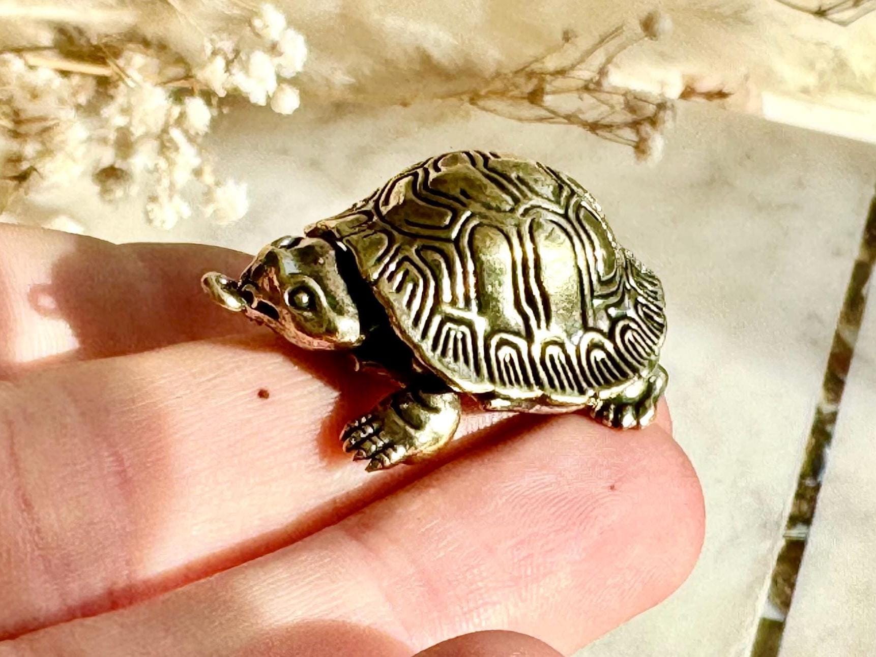 Unique Style Solid Brass Cute Turtle Charm or Keyring with Movable Head and Legs – Realistic Miniature Tortoise Figurine